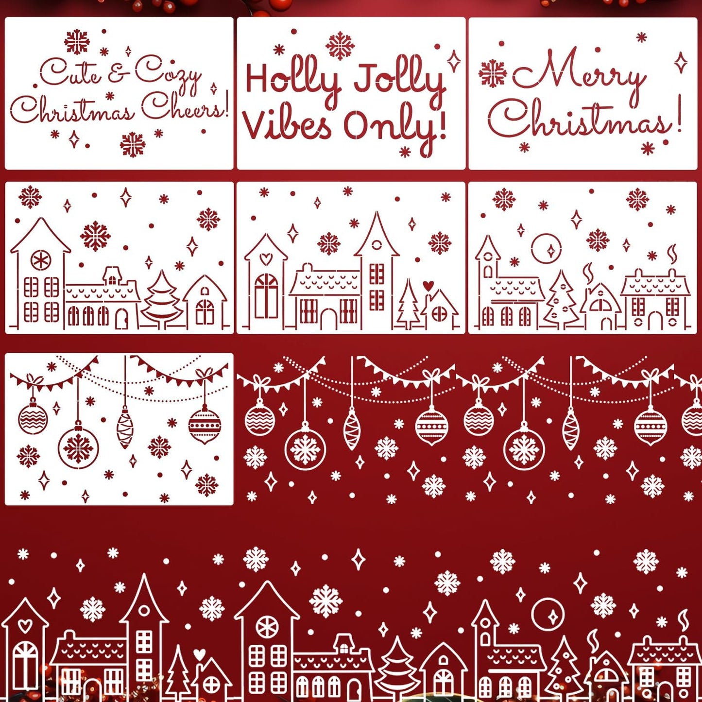 Christmas Stencils for Window Glass Large Christmas Stencils for Crafts Reusable Xmas Village House Holiday Stencil for Painting on Wood Wall Fabrics Decor