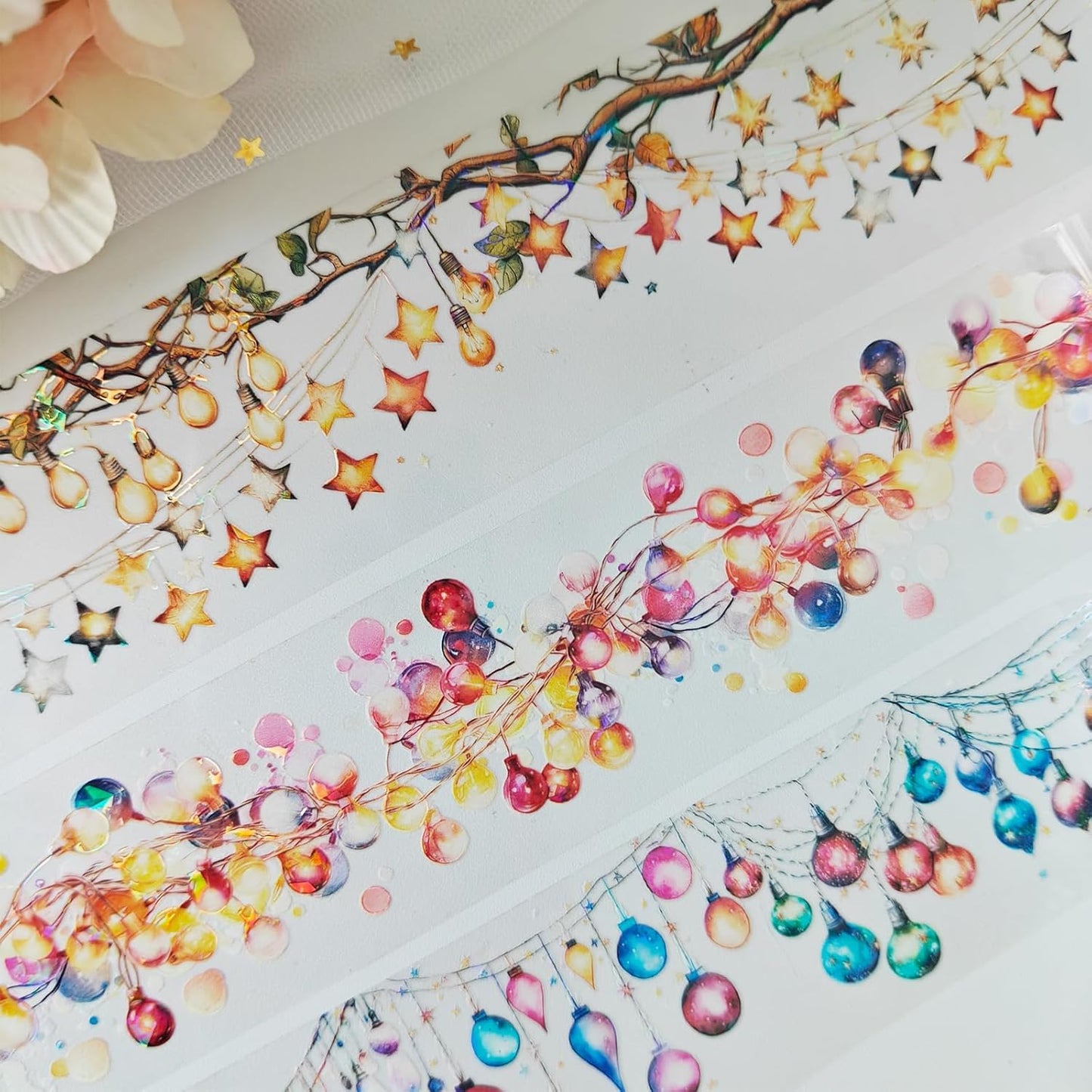 PET Christmas Washi Tape Stickers Set,3 Rolls Lighting Scrapbook Tape Stickers for Journaling,Junk Journal Supplies,DIY Craft,Notebook,Phone Case(Star Light)