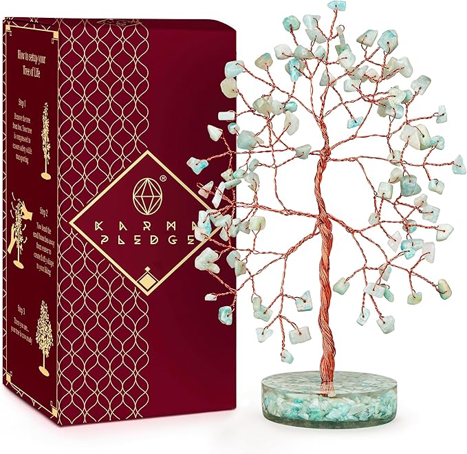 Crystal Tree for Home and Office Decor, Amazonite Chakra Healing Stones Handmade Feng Shui Bonsai Tree of Life for Positive Energy, Money, Good Luck, Christmas Decor, Birthday Gifts for Women, Mom