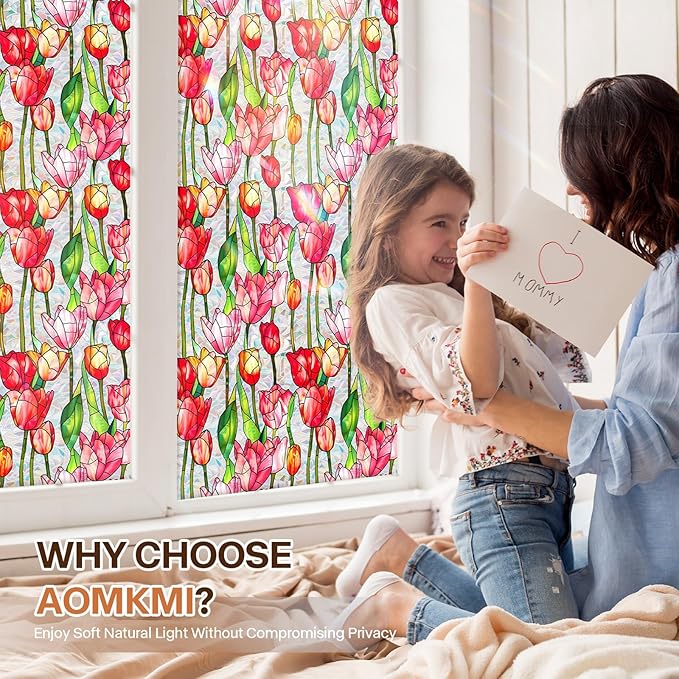 Stained Glass Window Film UV Resistant Window Privacy Film Red Floral Privacy Rainbow Decals Living Room Bedroom Sun Blocking Decor Removable Static Cling Stickers 17 x 39.37 Inch