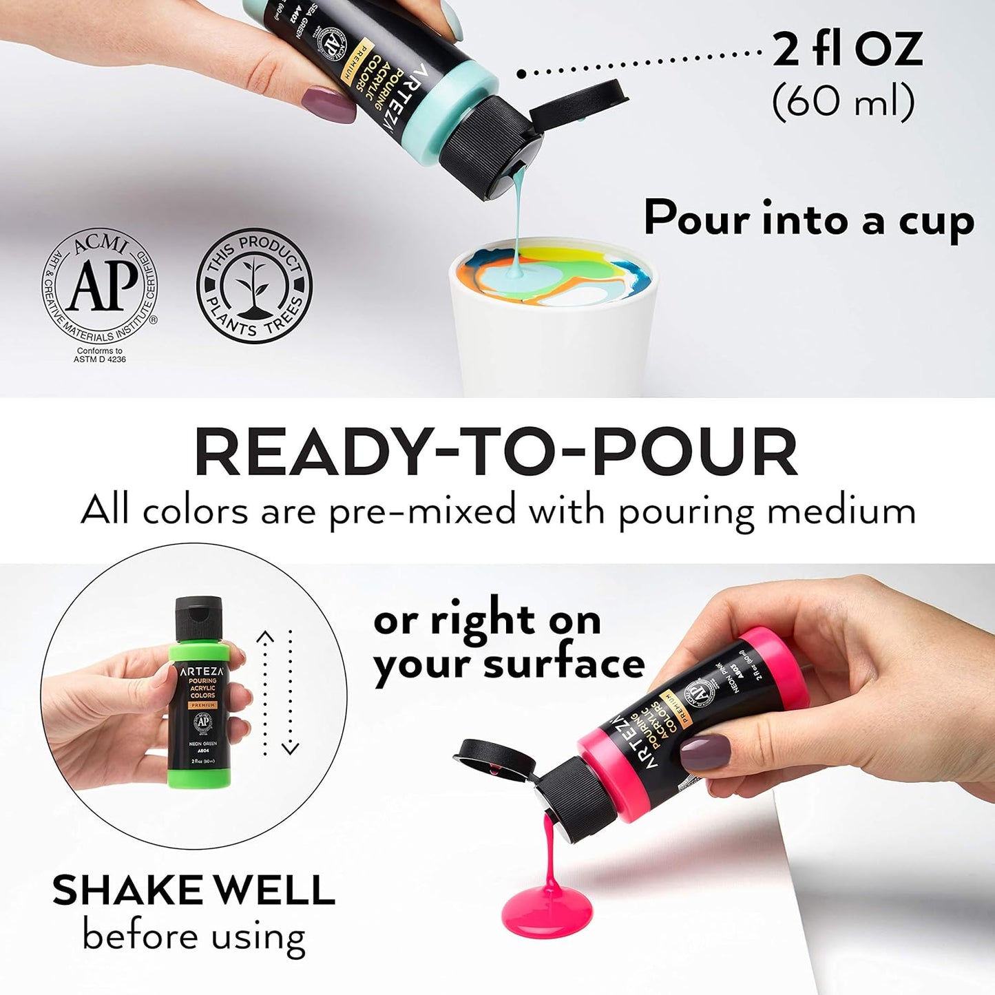 ARTEZA Acrylic Pouring Paint Set of 32, 2 ounce Bottles, Assorted Colors, High Flow Paint, Art Supplies for Pouring on Canvas, Glass, Paper, Wood