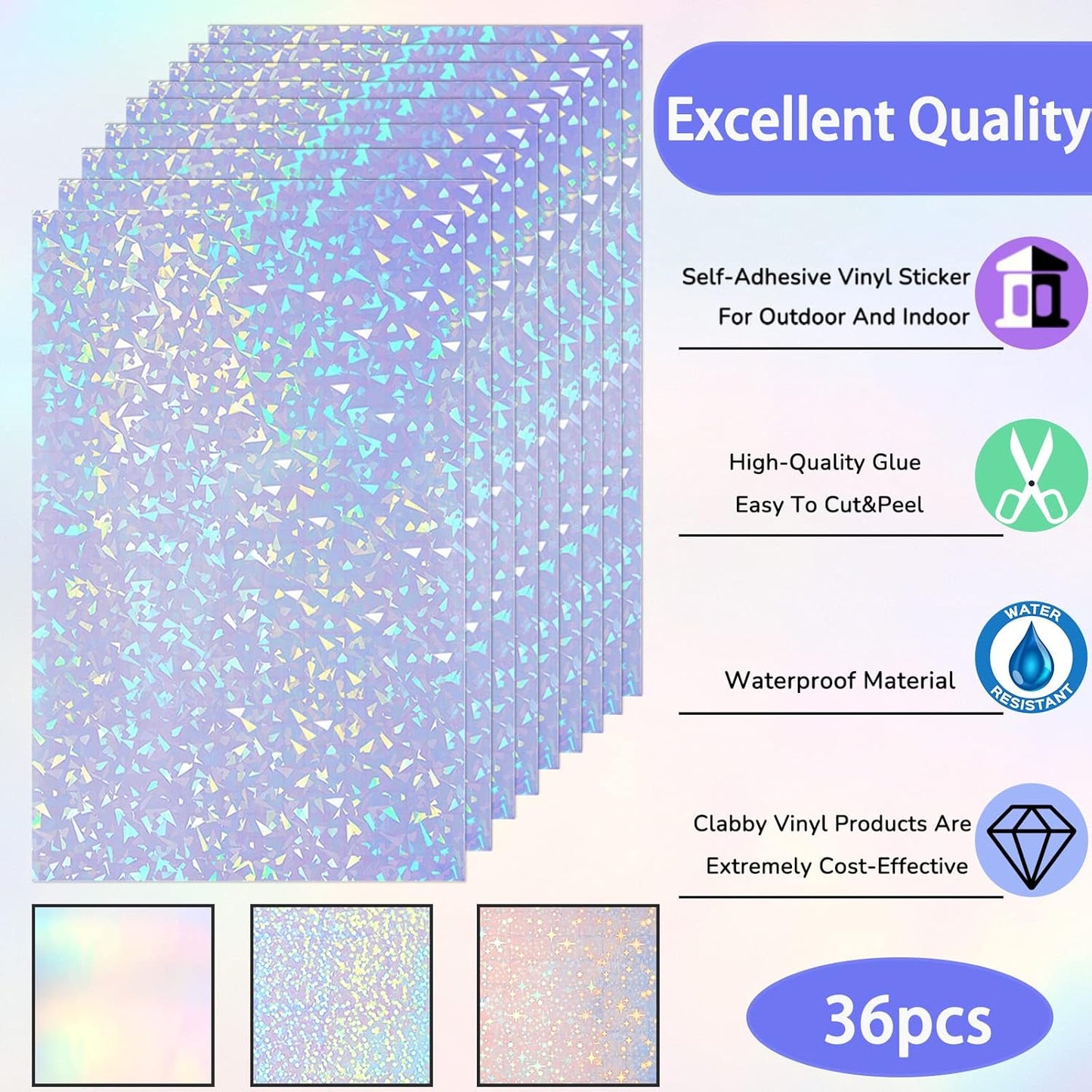 36 Sheets A4 Holographic Paper Sticker Transparent Waterproof Self Adhesive Film 11.7 x 8.3 Inches (Gem, Dot, Colorful, Star)