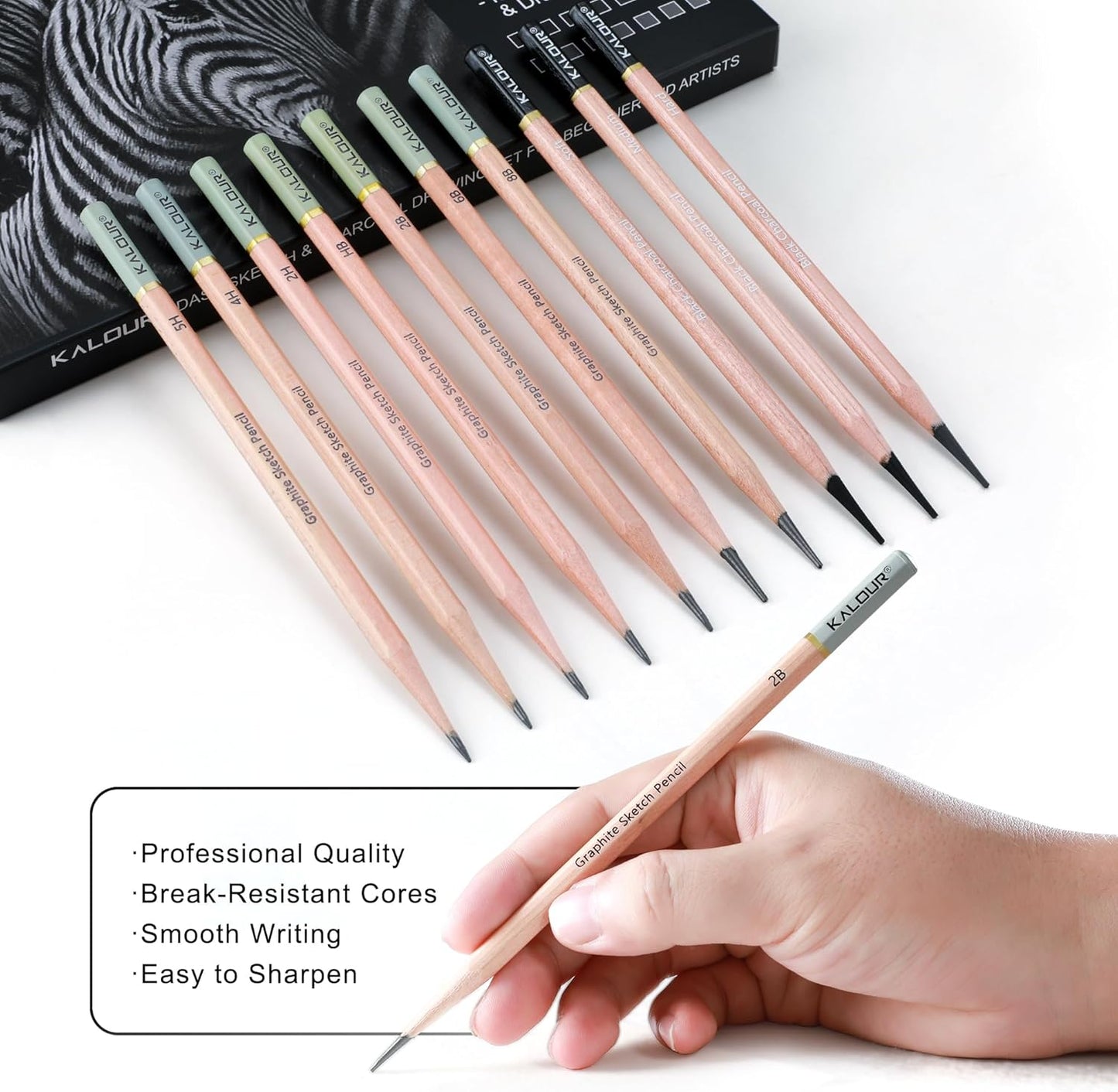 KALOUR 28 Pro Sketching Drawing Pencils Set – 14 Graphite Pencils (14B–5H), Charcoal Pencils, Erasers, Sharpener & Stumps – Complete Art Kit for Artists & Beginner