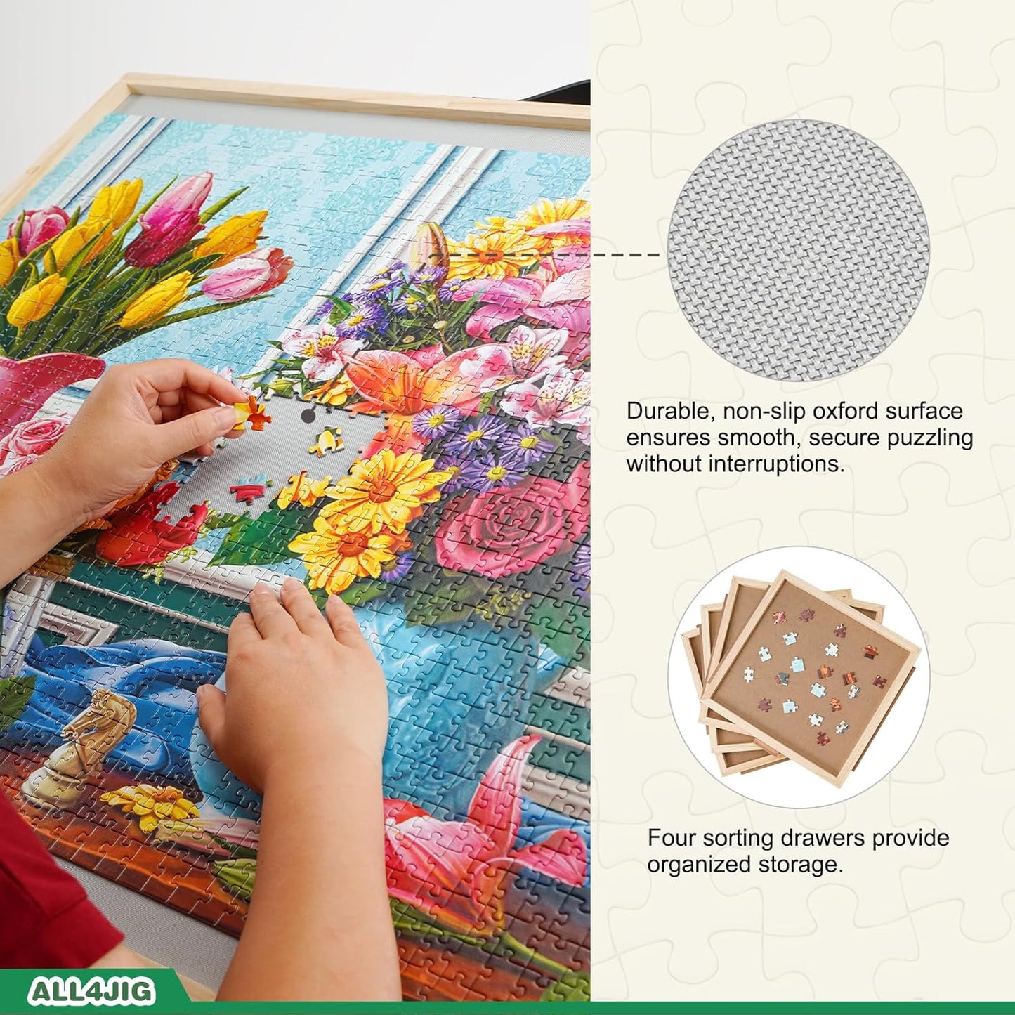 ALL4JIG 2000 Pieces 2-in-1 Tilting & Rotating Puzzle Board, 40.16" x 28.5"Adjustable Angle Puzzle Board with 4 Drawers & Clear Protective Cover, Birthday Gift for mom