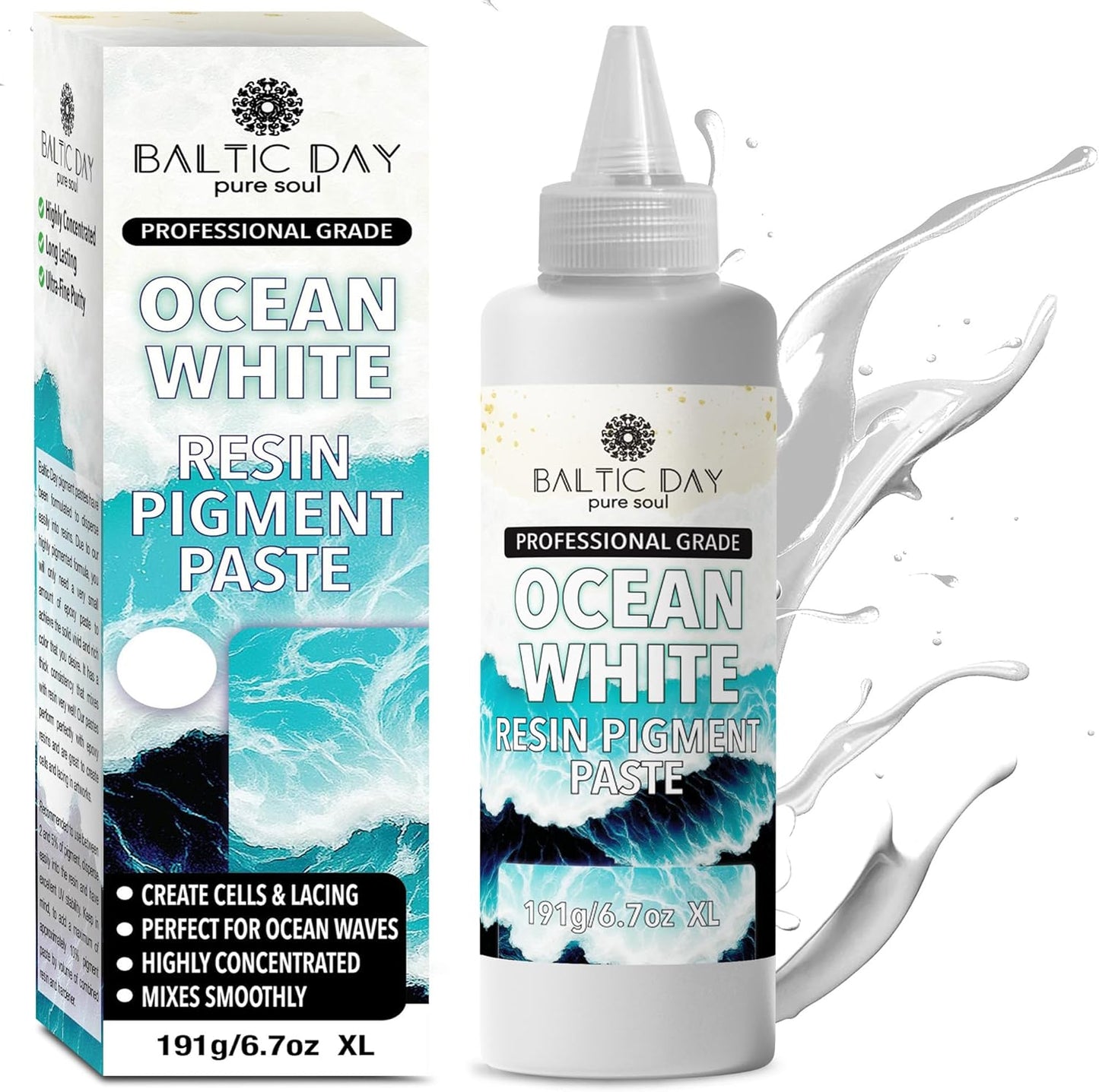 Ocean White Epoxy Resin Pigment Paste XL (191g/6.7oz) – High Concentration Dye for Epoxy & UV Resin, Opaque White Pigment for Ocean Waves, Lacing, Cells, 3D Flower Coasters & Epoxy Art