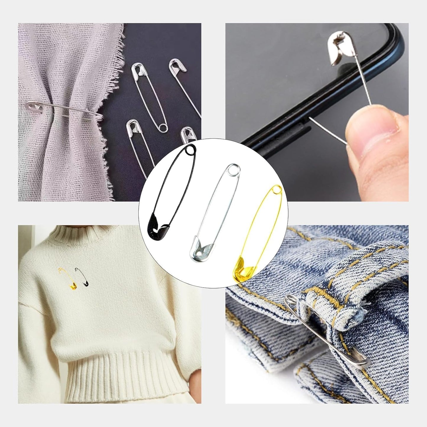 720 Pcs 3 Colors Safety Pins 4 Sizes Strong Safety Pins with Storage Box Assorted for Craft Sewing Art Clothes Jewelry Making(Gold, Black, Silver)
