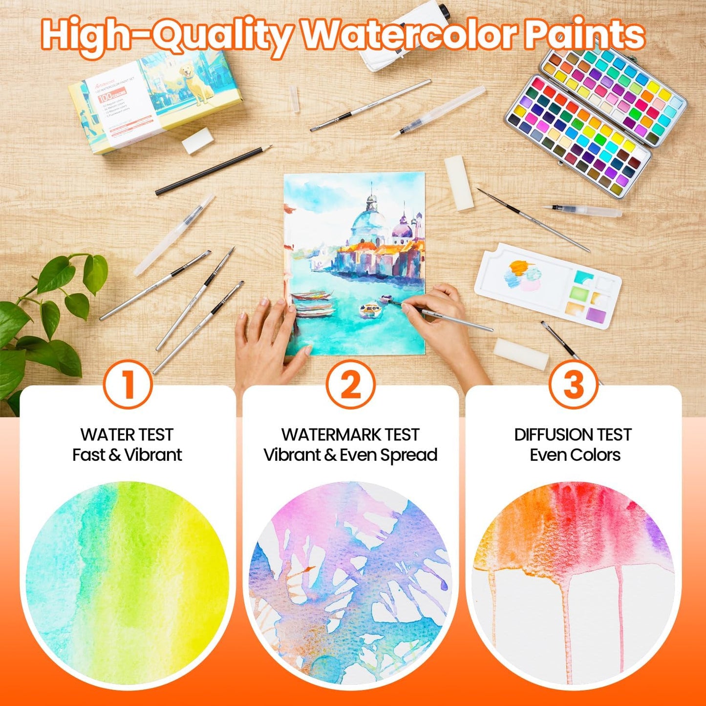 Watercolor Paint Set, 100 Colors, Travel Water Colors kit with 9 Brushes, 3 Swatch Cards, Palette set Including Metallic and Accessories Art Supplies Gifts for Kids Artists Teens Adults and Hobbyists