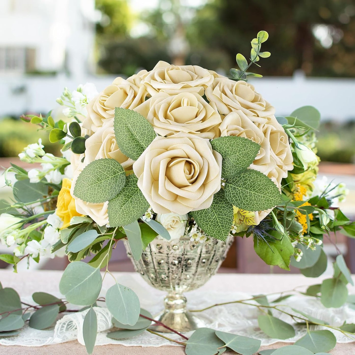 AmyHomie 25pcs Real Looking Artificial Beige Roses w/Stem for DIY Wedding Bouquets Centerpieces Arrangements Party Baby Shower Home Decorations