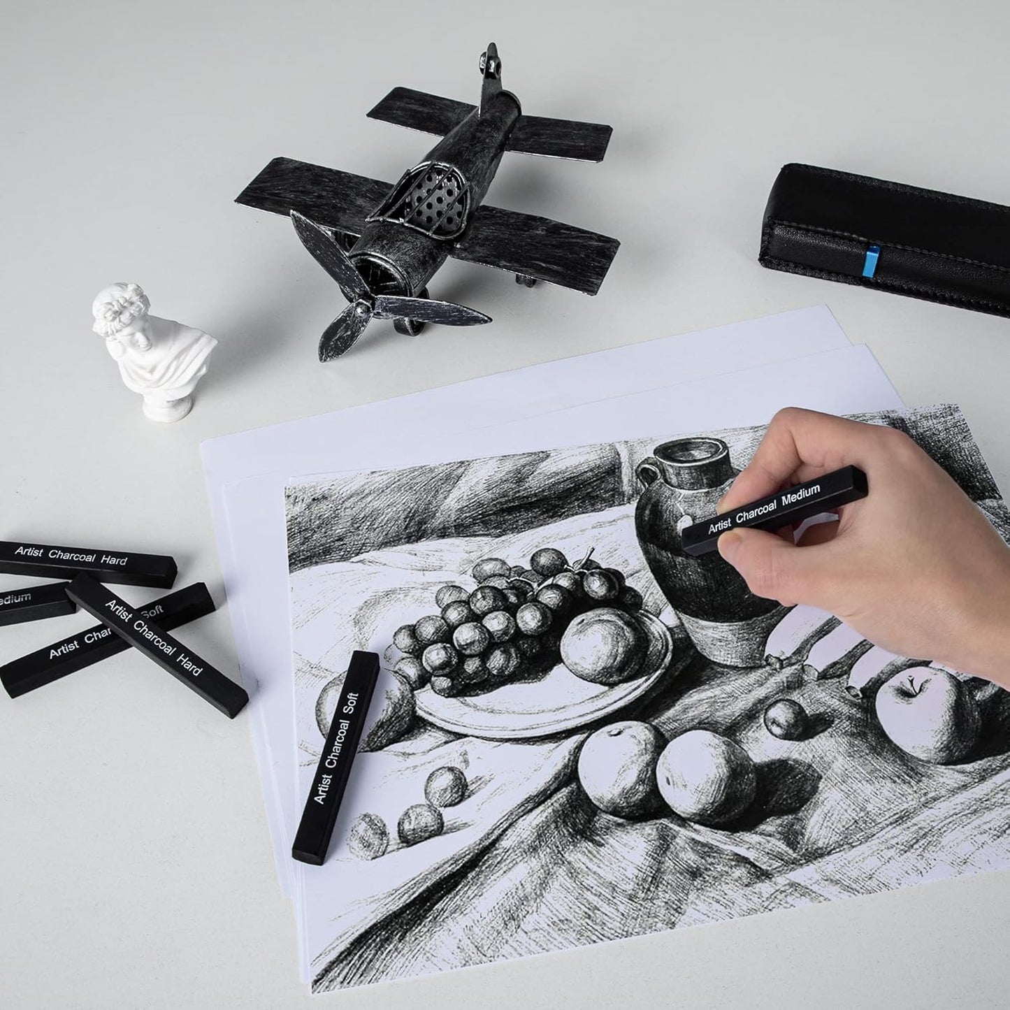 12 Pack Compressed Charcoal Sticks, Vine Charcoal Stick for Drawing, Sketching, Shading, Art Supplies Sketch Kits Tools Soft, Medium and Hard Grade