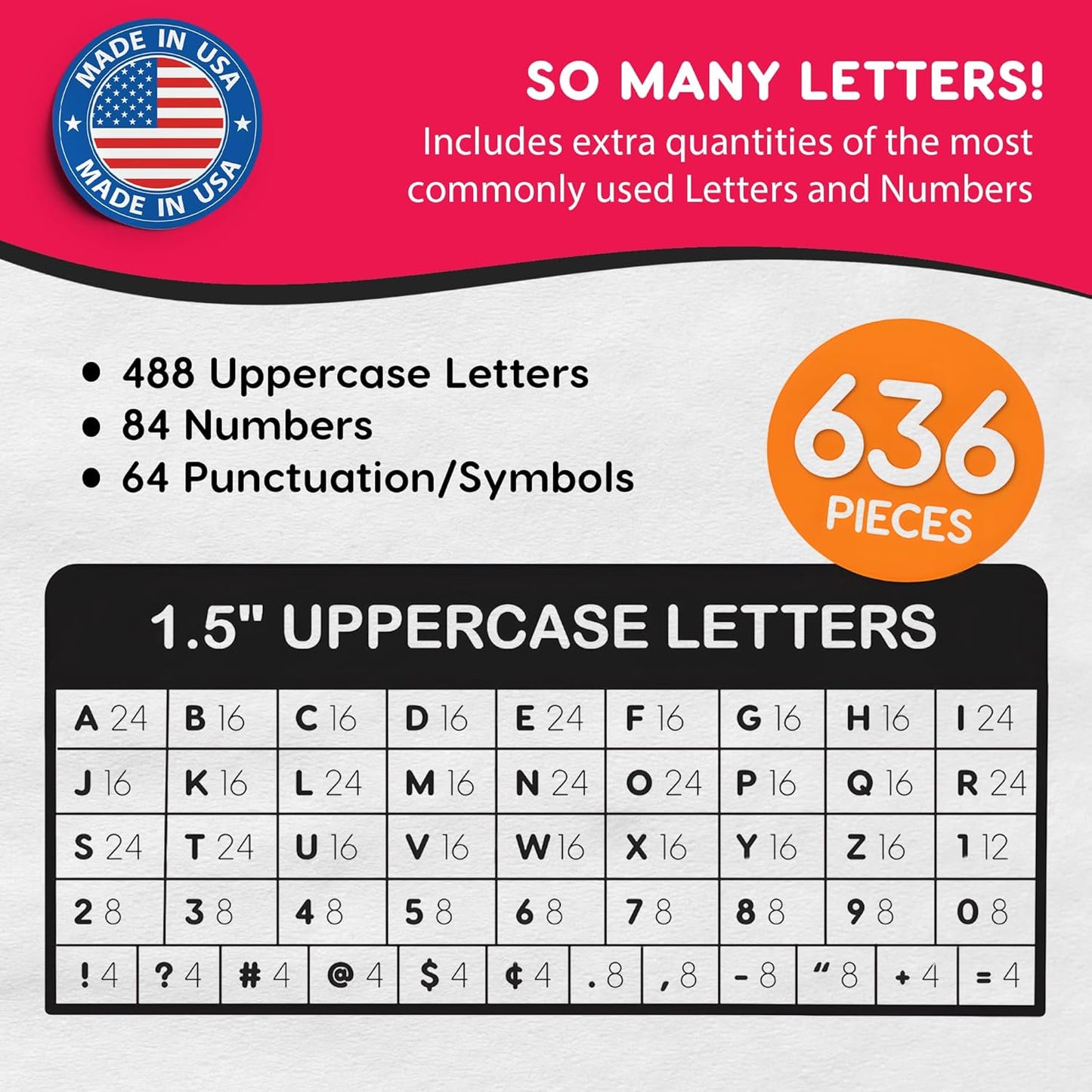 FreshCut Crafts 636 Pcs 1.5 in. Red Bulletin Board Letters & Numbers, Capital Alphabet, Numbers, Punctuation, US Made Card Stock Punch Out Letters for Posters, Bulletin Boards, Classroom