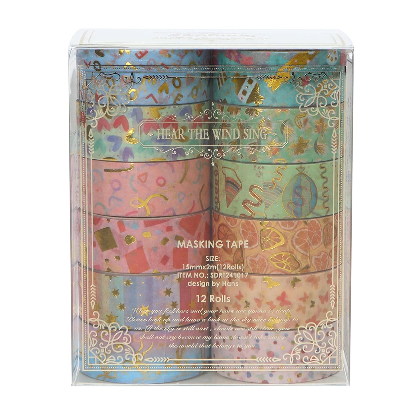 12 Rolls Charming Washi Tape Set Gold Silver Foil Detailing Arts Adhesive Tapes Basic Patterns Decorative Masking Tape Sets for Craft, Kids, Scrapbook, DIY, Gift Wrapping (Whimsical Pastels)