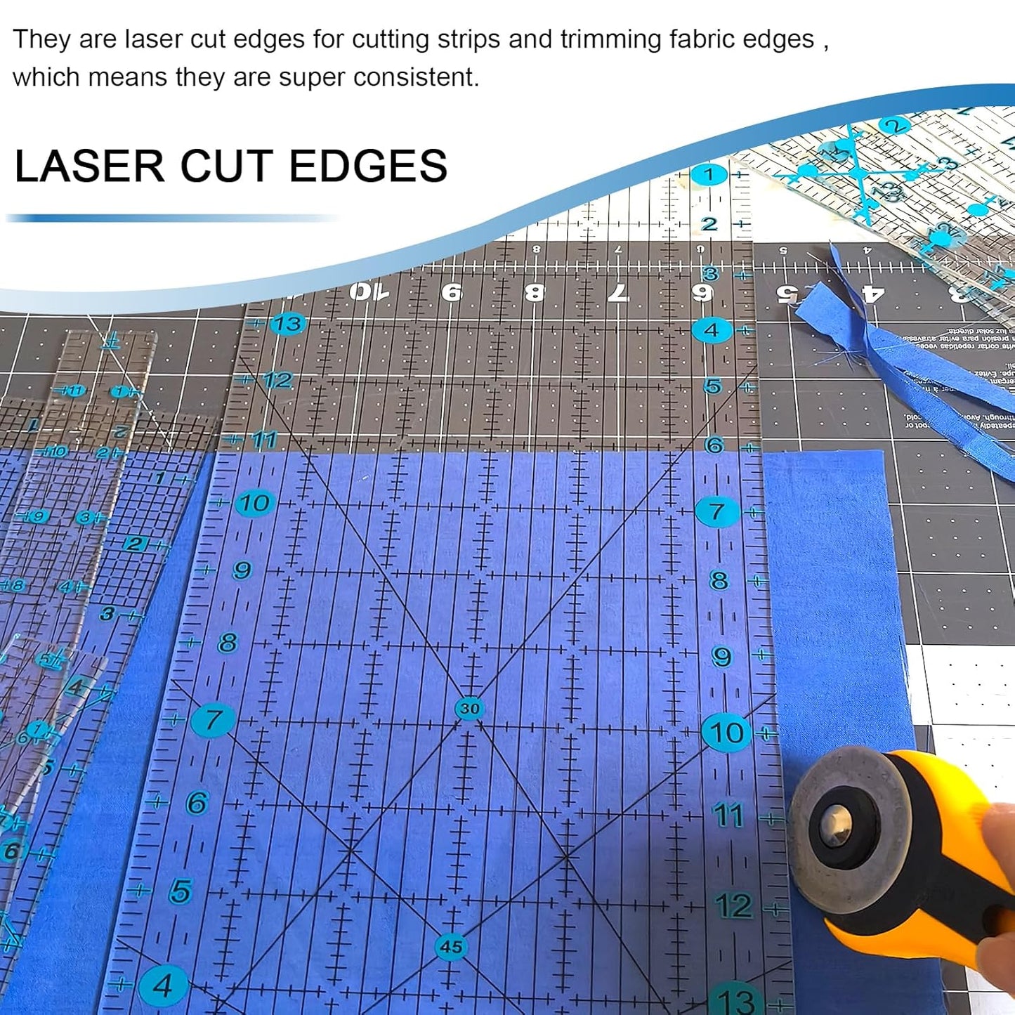 Quilting Ruler, Sewing Ruler, 8 Pack, Acrylic Quilting Templates(6"x17", 3"x17", 2"x16", 1.5"x12", 1"x12", 1"x6", 8"x3"), Non Slip Rings 25 Pieces, Sewing and Quilting Supplies - Clear/Blue