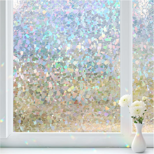 Haton Window Privacy Film, Rainbow Stained Glass Window Clings, 3D Decorative UV Sun Blocking Sticker, Removable Static Cling Heat Control Tint for Home Door, 23.6" x 157.4" Non-Adhesive