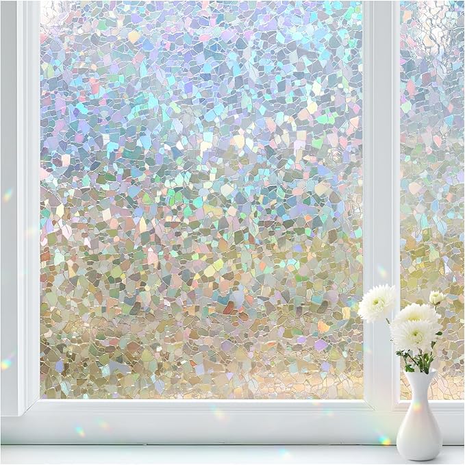Haton Window Privacy Film Rainbow Film Stained Glass Window Clings, 3D Decorative UV Sun Blocking Sticker, Removable Static Cling Heat Control Tint for Home Door, 23.6" x 157.4" Non-Adhesive