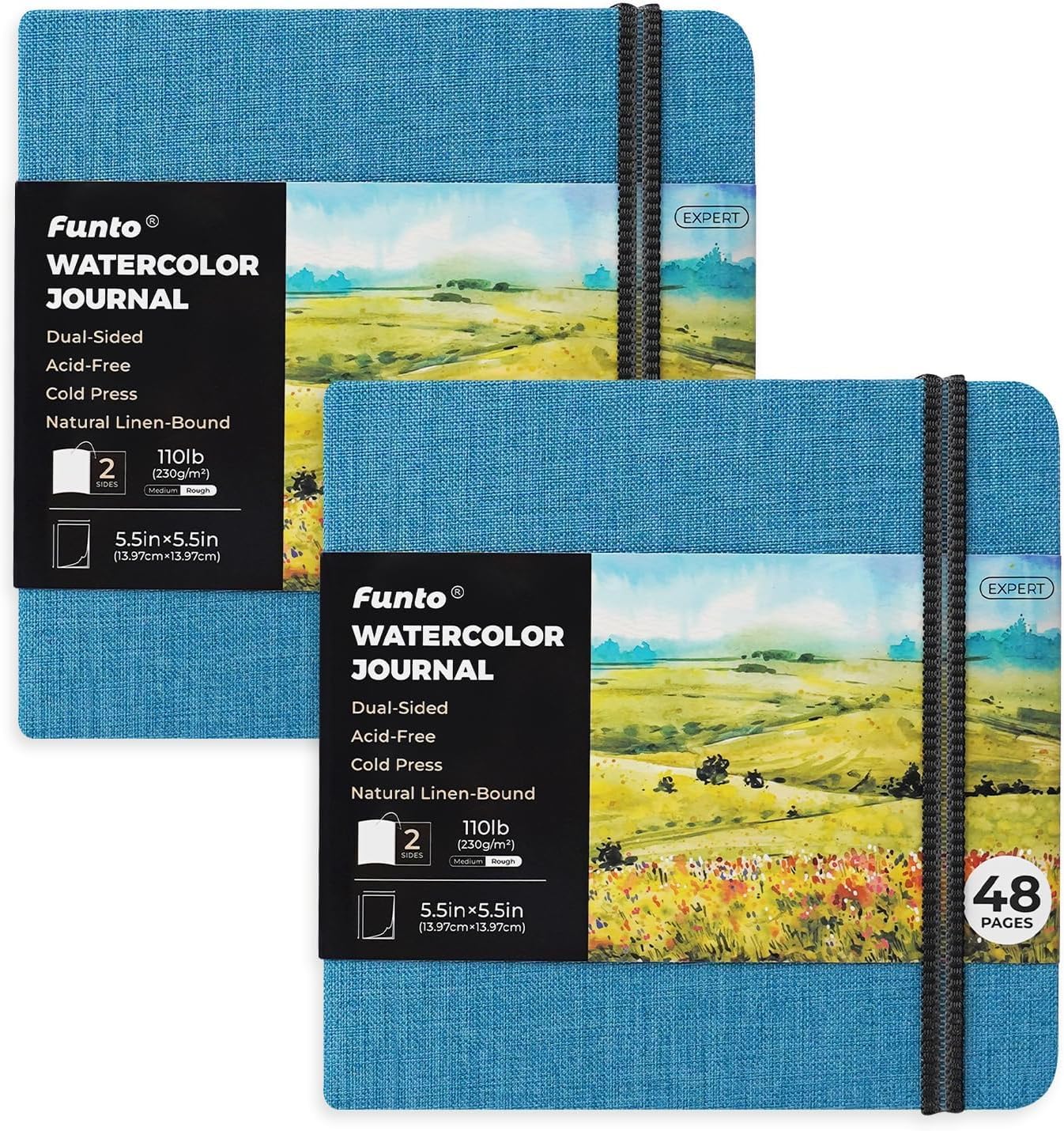 Funto Watercolor Journal, Square, 5.5x5.5, Portable 2-Pack, 48 Pages Each, Blue Cover, 110lb/230gsm, Art Supplies for Mixed Media