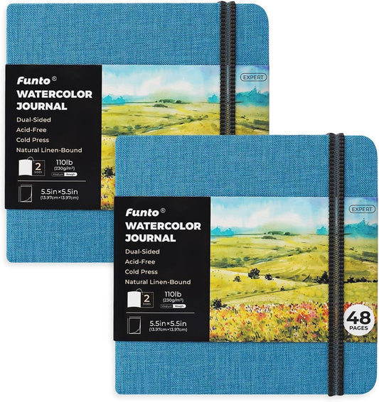 Funto Watercolor Journal, Square, 5.5x5.5, Portable 2-Pack, 48 Pages Each, Blue Cover, 110lb/230gsm, Art Supplies for Mixed Media