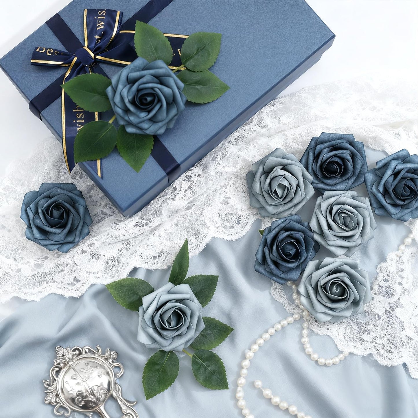 Artificial Flowers Foam Fake Roses 25pcs Series Blue Colors Roses with Stems for Home Decor DIY Wedding Bouquets Party Bridal Shower Centerpieces Faux Flower Arrangements Tables Decorations