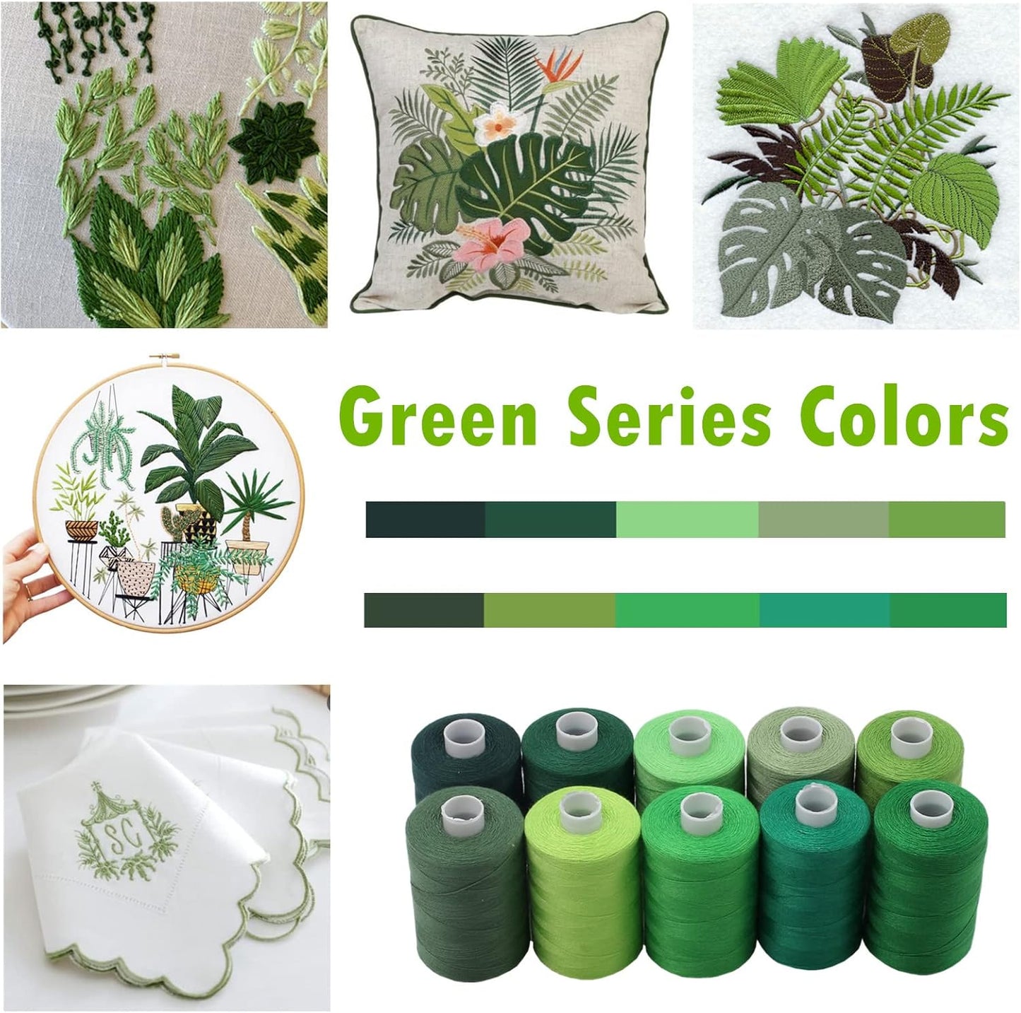 Simthread All Purposes Sewing Thread, 10 Spool Assorted Green Series 1000 Yards Each Bobbin Polyester Thread for Sewing, Handy Polyester Sewing Threads for Sewing Machine - (Natural Green Series)