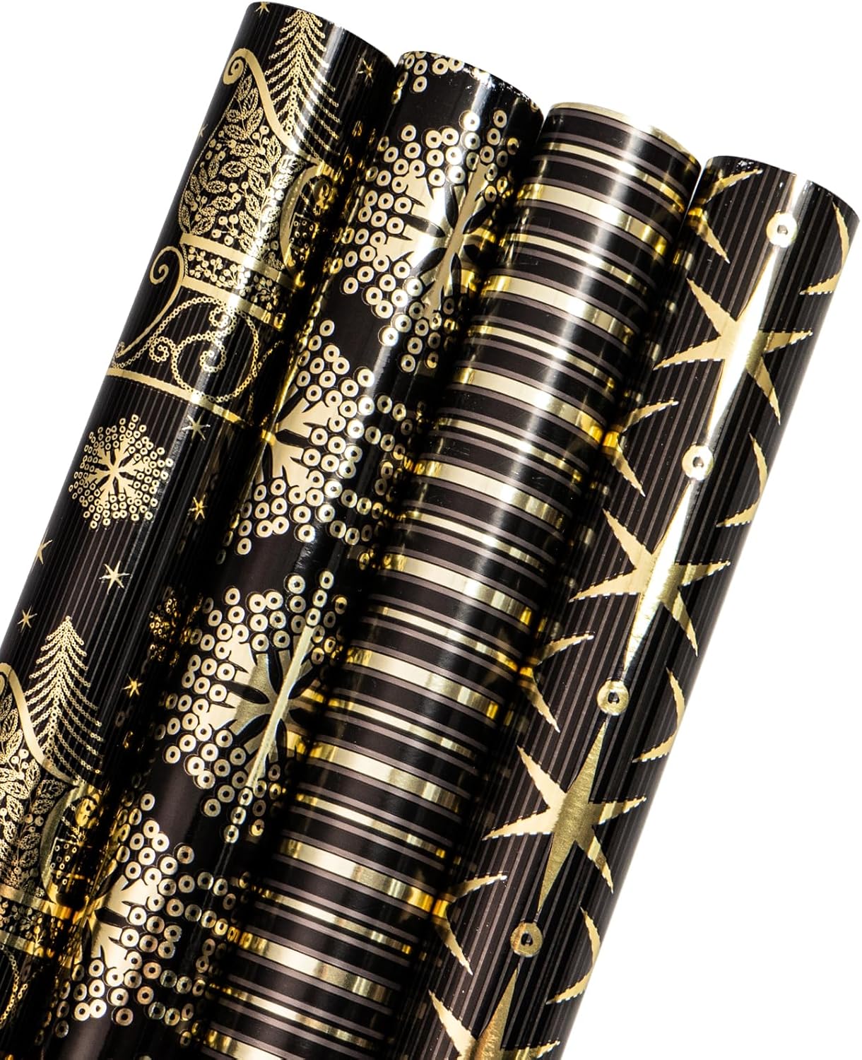 WRAPAHOLIC 30 Inch Christmas Wrapping Paper Roll - Jumbo Roll Black Gold Christmas Sleigh Holiday Design with Metallic Foil Shine - 4 Rolls - 30 Inch x 120 Inch Per Roll