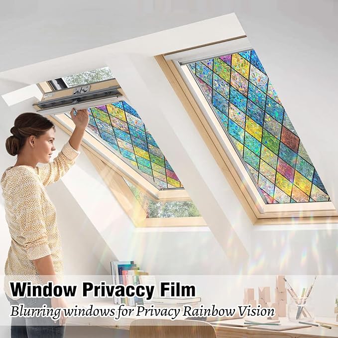 QHY Sunshine Colorful Rainbow Stained Glass Window Film Non-Adhesive Window Privacy Film Reusable Decorative for Room (Chequered Rainbow, 35.4 X 78.7 in)