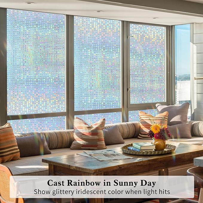 Privacy Window Film Stained Glass Non-Adhesive Rainbow Window Film Home Decorative Vinyl Static Cling Window Stickers Window Covering for Glass Door Bedroom Office 35.4 Inch x 6.8 Feet