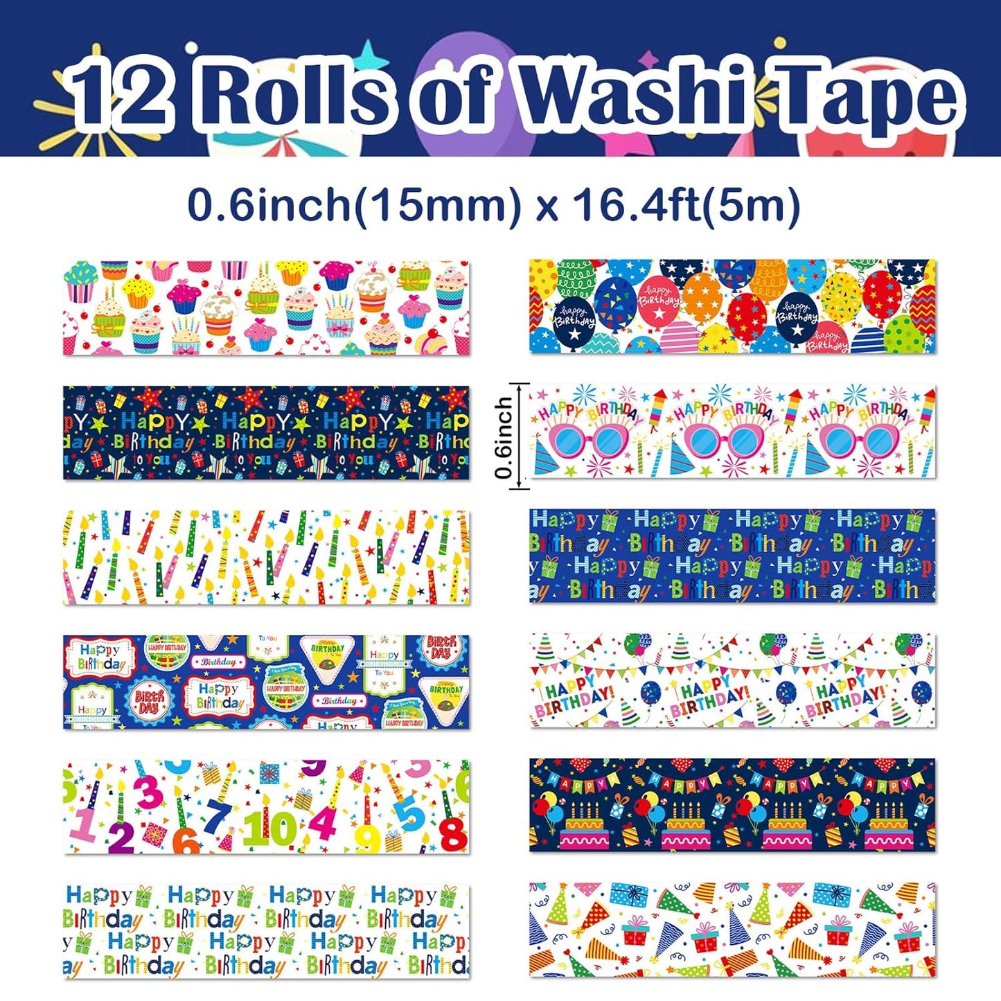 12 Rolls Happy Birthday Washi Tape, Colorful Cake Candles Masking Tapes, Balloons Birthday Hat Decorative Washi Tape for Birthday Party Gift Wrapping Scrapbooking DIY Art Crafts 16.4FT