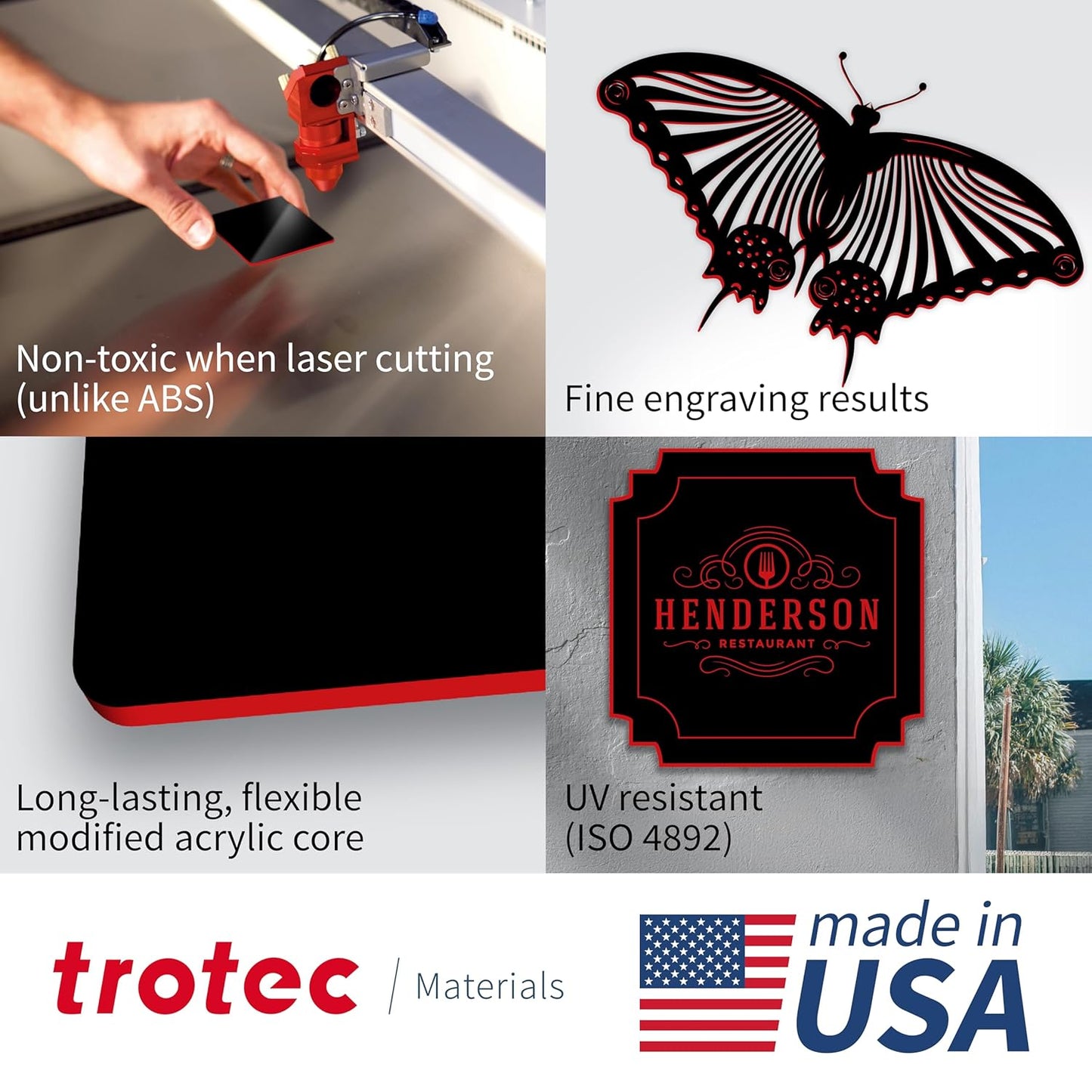 Trotec TroLase | 12"x12"x1/16", 8 Pcs | Black/Red| 2 Ply | Modified Acrylic | Laser Engraving Double Color Plastic Sheet | Engraving Blanks for Laser, Saw, Guillotine | Made in USA