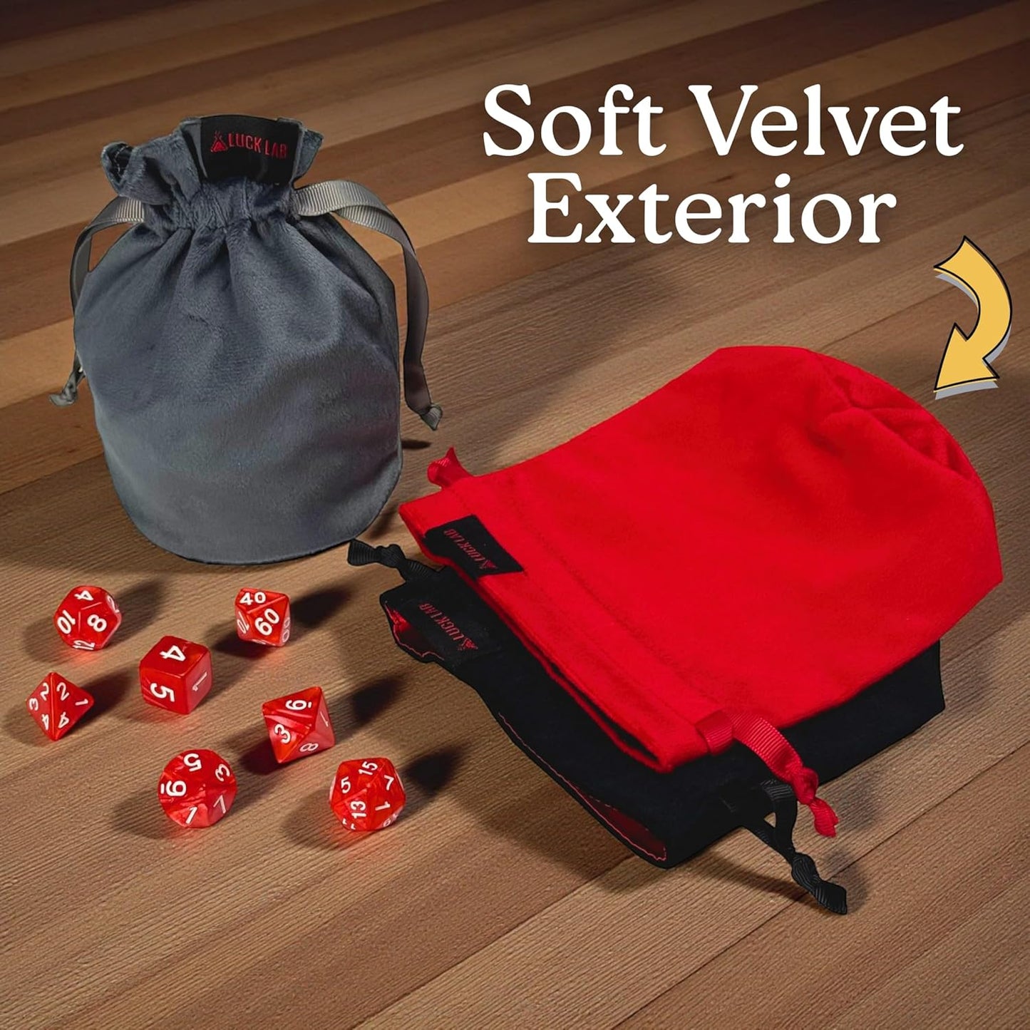Luck Lab Velvet Drawstring Dice Bag - Set of Three Colors - Dungeons and Dragons Fabric/Standing Cotton Fabric Dice Bags/D&D Dice Pouch/Small Pouch/Velvet Jewelry Bag (Red, Black, Grey)