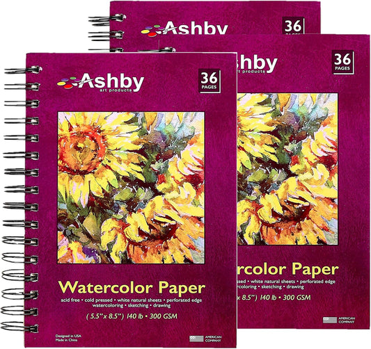Ashby - Watercolor Paper Pads (5.5" x 8.5") - Pack of 3 (108 Total Sheets) - 140lb (300 GSM) Spiral Bound Notebook, Acid-Free, Cold Press - Ideal for Most Wet & Dry Media, Journaling and Drawing