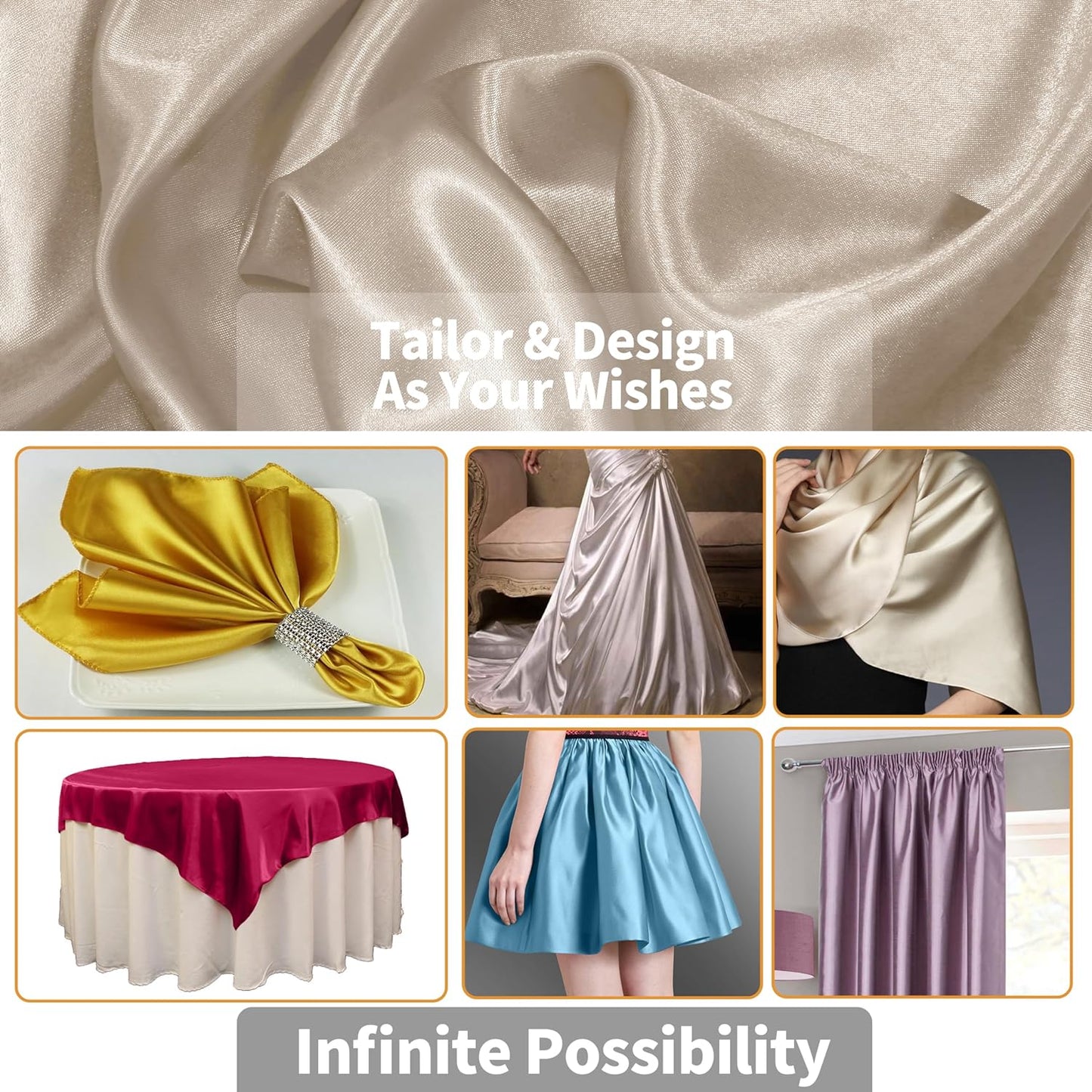 RUDONG M Beige Satin Fabric by The Yard, 5 Yard x 60 Inch Wide Silky Charmeuse Satin Fabric, Soft Satin Fabric for Wedding Decorations, Bridal Dress, Sewing, Accessories, DIY Crafts