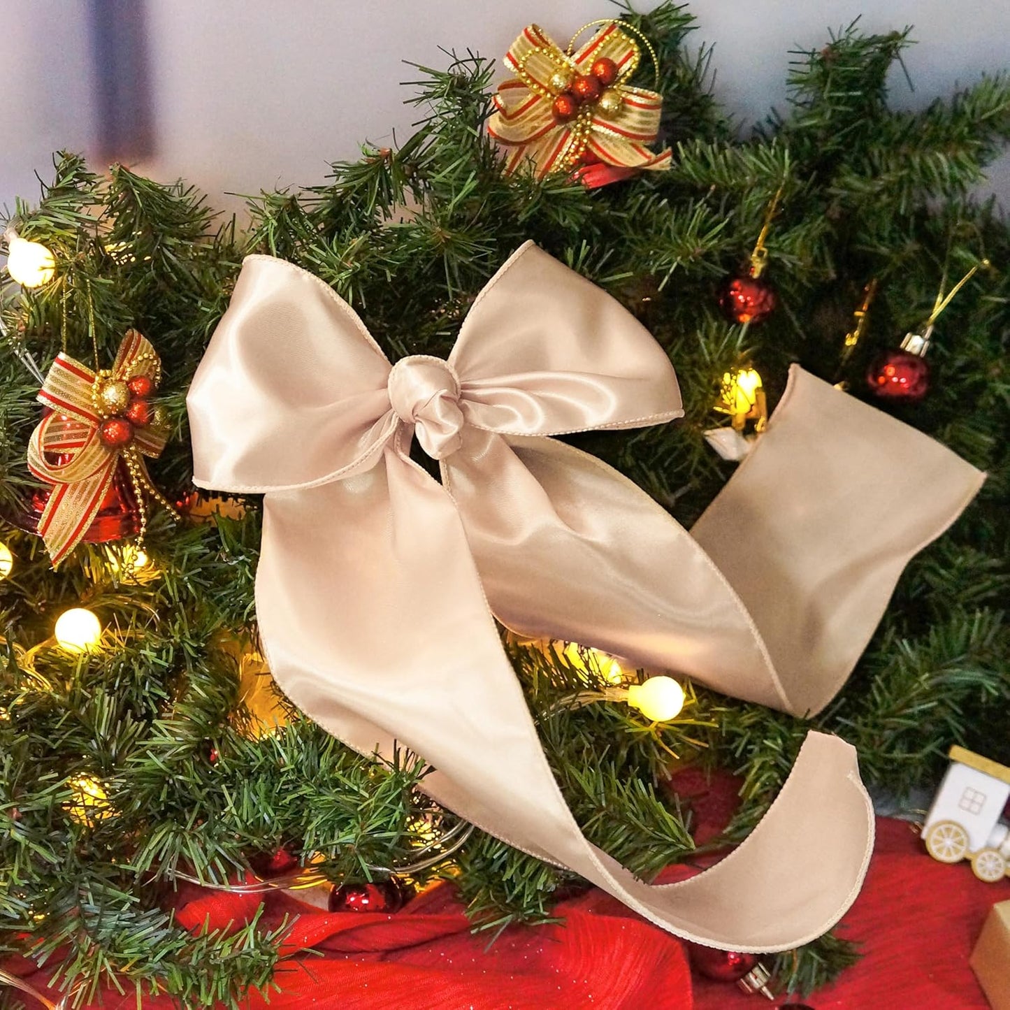 CT CRAFT LLC Satin Wired Ribbon 4 Inch x 20 Yards Champagne Gold for Christmas Home Décor Gift Wrapping Tree Topper Bow Wreath DIY Crafts,