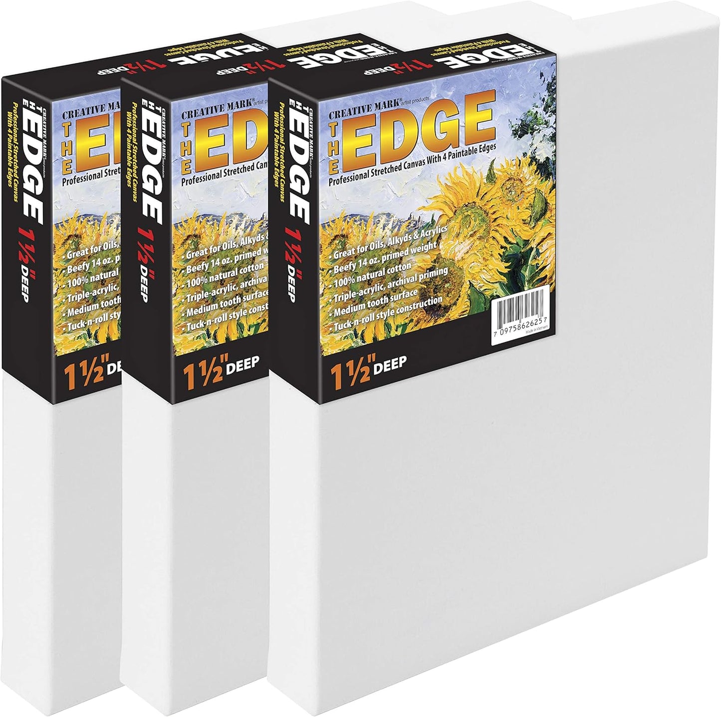 Creative Mark The Edge Deluxe Cotton 1-1/2" Deep Stretched Canvas for Painting, 12x24" Pack of 3, 14oz. Primed Weight, Universal Archival Priming, Medium Tooth, Frameless Artwork Canvas for Painters