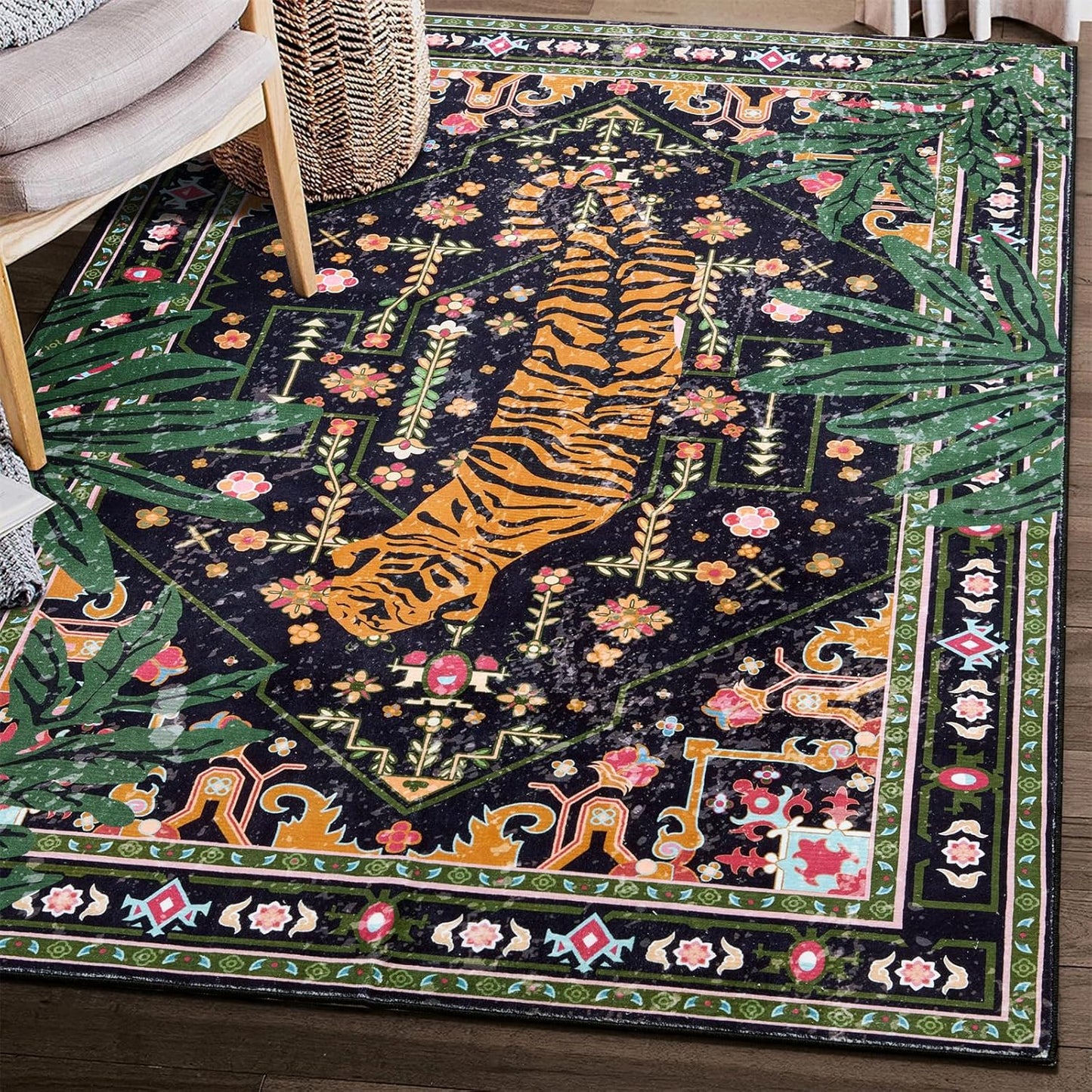 Oriental Tropical Washable Rugs, Stain Resistant Black Boho Vintage Distressed Hippie 45x7 Area Rugs for Living Room Bedroom Kitchen Entryway, Abstract Botanical Tribal Indian Accent Carpet