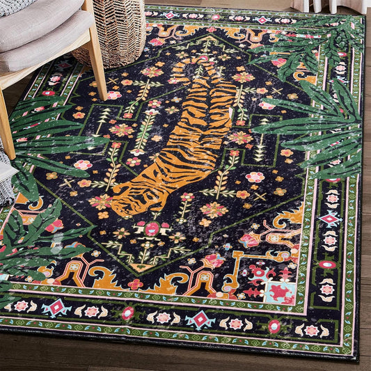 Oriental Tropical Washable Rugs, Stain Resistant Black Boho Vintage Hippie 6x9 Area Rugs for Dining Living Room Office Dorm Entryway, Abstract Botanical Tribal Indian Accent Bedroom Carpet