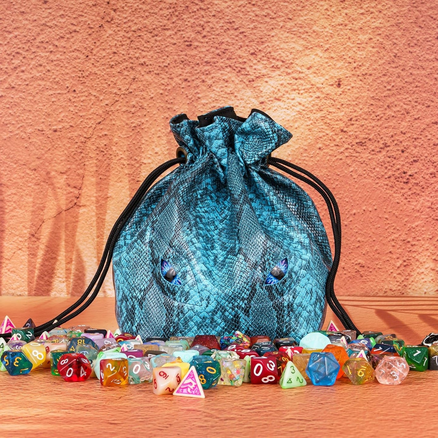 Large DND Dice Bag Leather Dice Storage Bag Blue D&D Drawstring Pouch with Pockets for RPG Table Games - Can Hold 200+ Dice