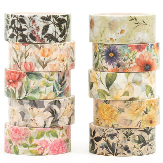 10 Rolls Blooming Flowers Washi Tape Set Floral Arts Adhesive Tapes Colorful Garden Decorative Masking Tape Sets for Craft, Kids, Scrapbook, DIY, Gift Wrapping (2-Romance)