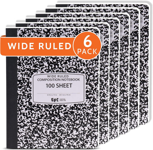 EPI Marble Hardcover Wide Ruled Composition Notebook | 200 Pages (100 Sheets), 9.75 x 7.5 in, Sturdy Sewn Binding | School, Office, Journaling, Notes - 6 Pack
