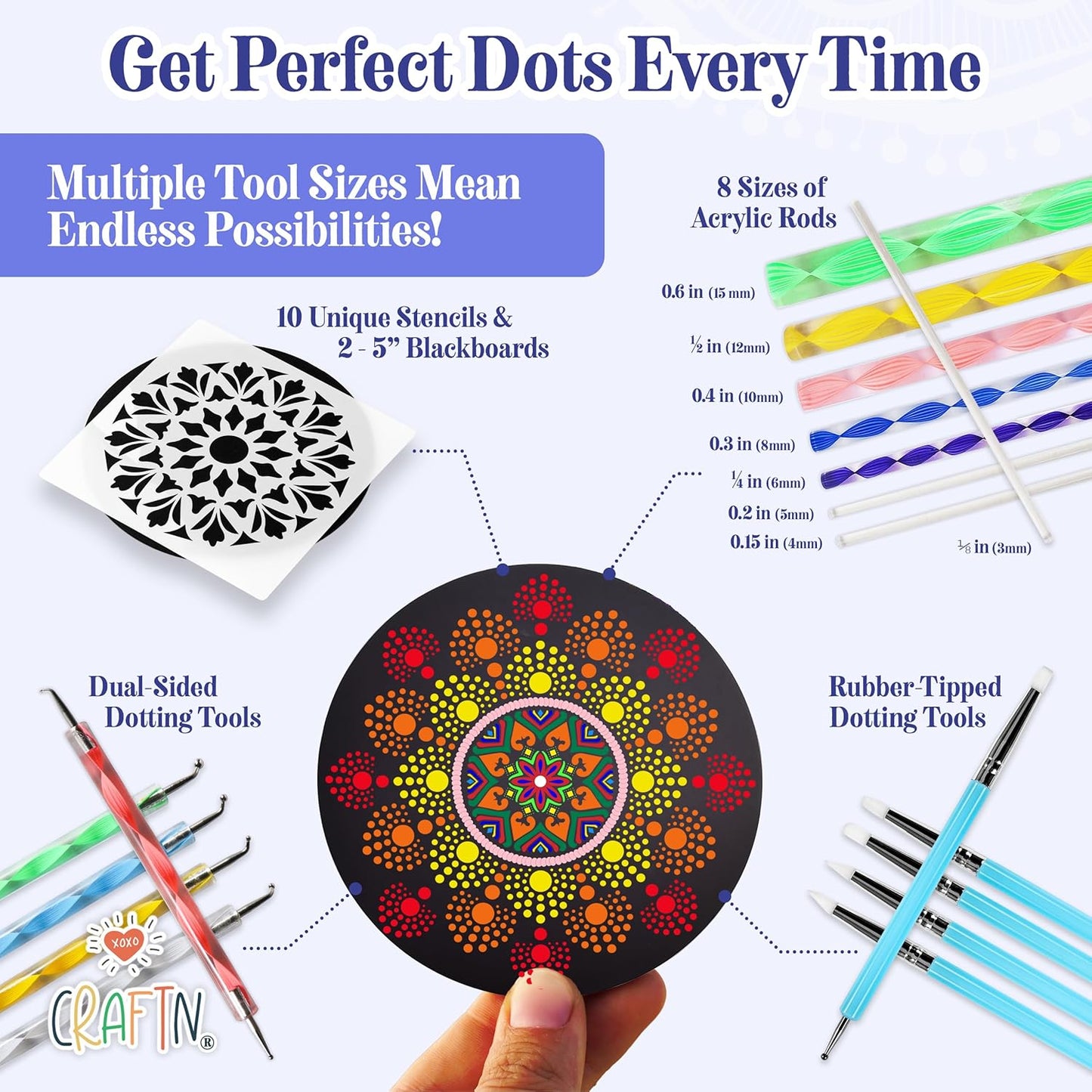 Complete Beginner's Mandala Painting 46 Piece Kit with Acrylic Paints, Reusable Stencils and Dotting Tools. Fun Rock Art & DIY Craft Project. Starter Activity Pack and Gift for Teens, and Adults