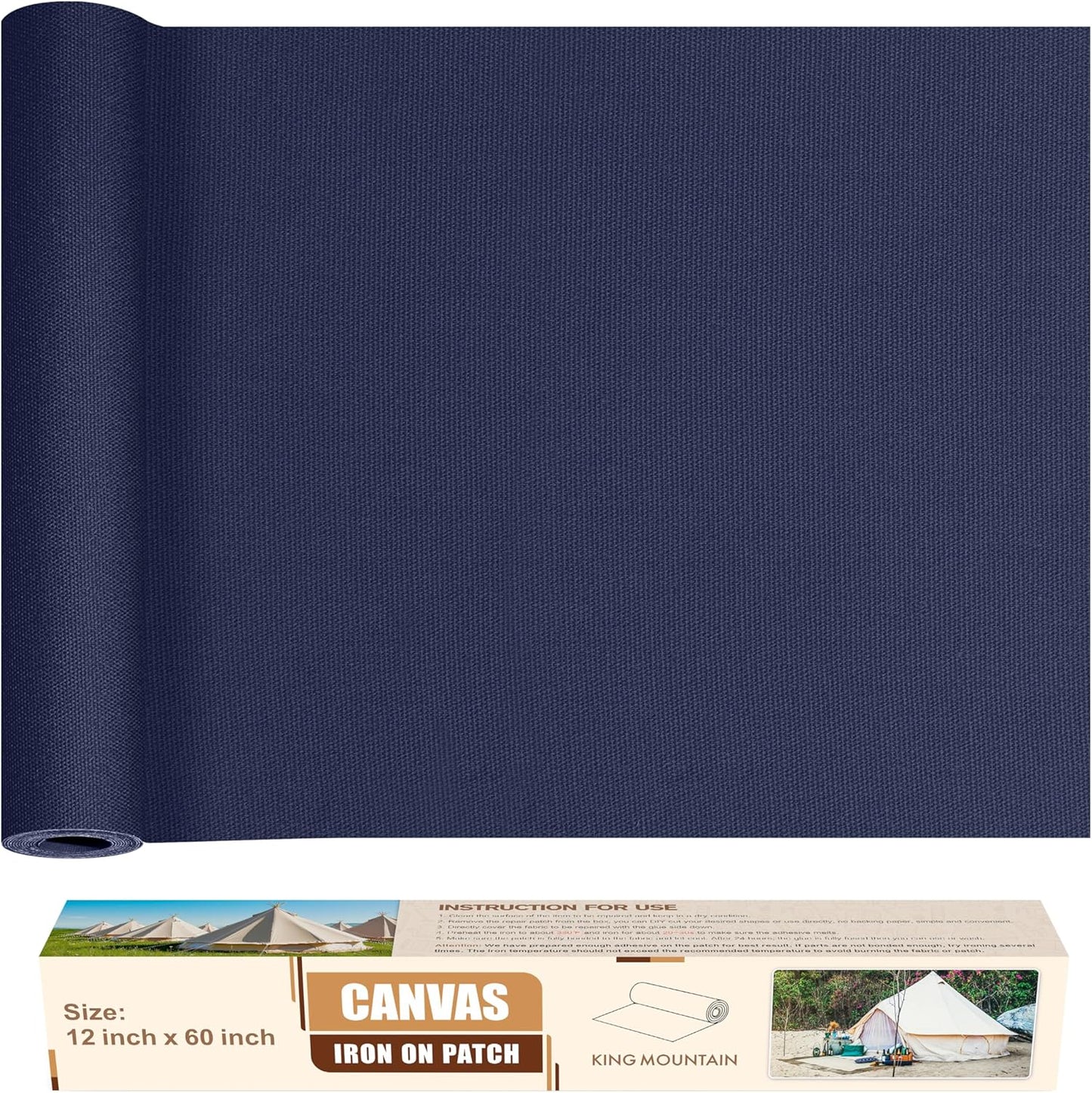 KING MOUNTAIN Canvas Iron on Patch,12"×60",Waterproof 100% Cotton Fabric Repair Patch,Used for Various Sofa,Tent,Clothes,Seats,Suitcases (Dark Blue,Waterproof)