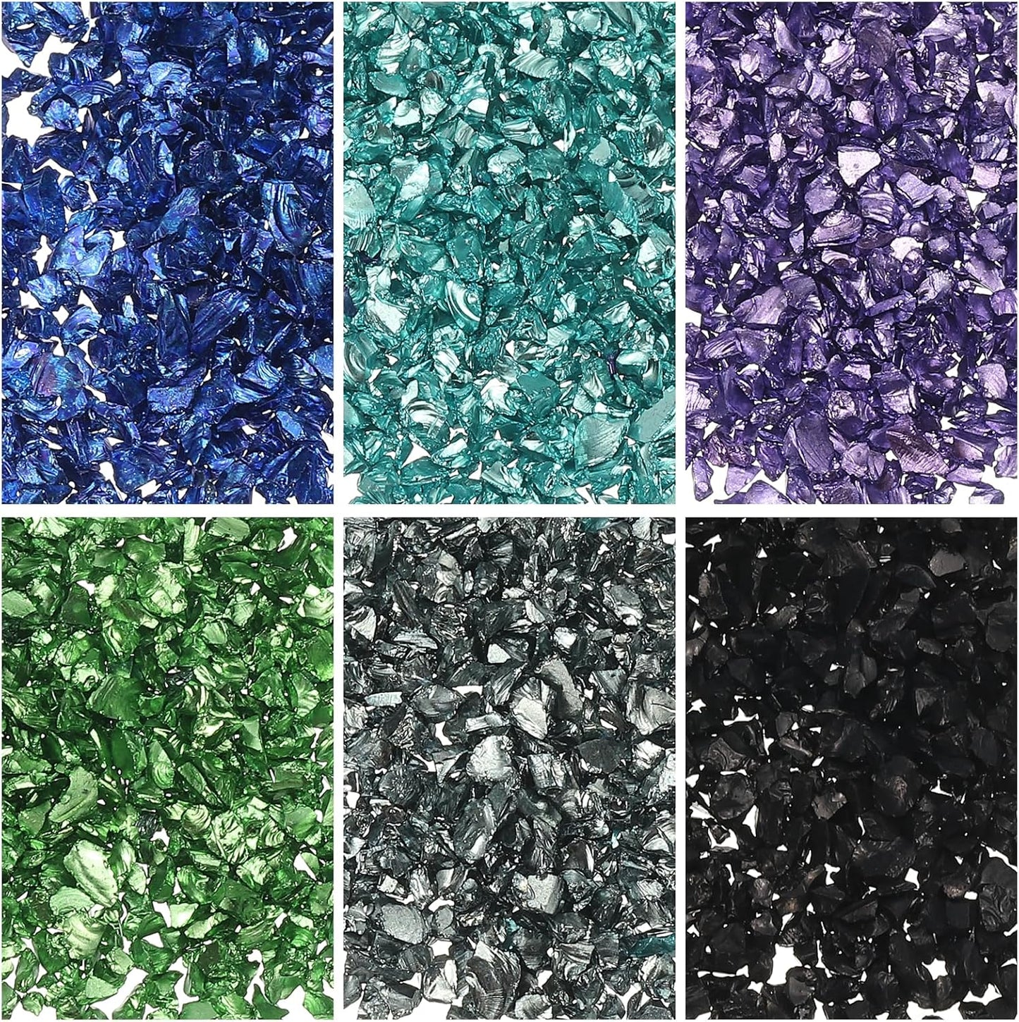 uxcell 6 Colors Crushed Glass Chips, 1-3mm Irregular Glitter Metallic Glass Broken Glasses Pieces with Laser Bag for Craft DIY Vase Epoxy Halloween Decoration 34g, Blue & Green Series