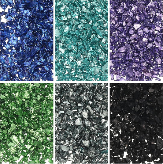 uxcell 6 Colors Crushed Glass Chips, 1-3mm Irregular Glitter Metallic Glass Broken Glasses Pieces with Laser Bag for Craft DIY Vase Epoxy Halloween Decoration 34g, Blue & Green Series
