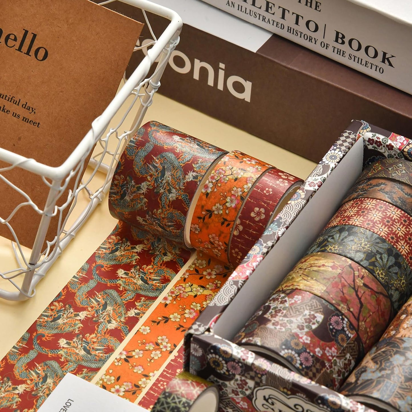 12 Rolls Kyoto Charm Washi Tape Set Japanese Arts Adhesive Tapes Geometric Garden Decorative Masking Tape Sets for Craft, Kids, Scrapbook, DIY, Gift Wrapping (Crimson Fields)