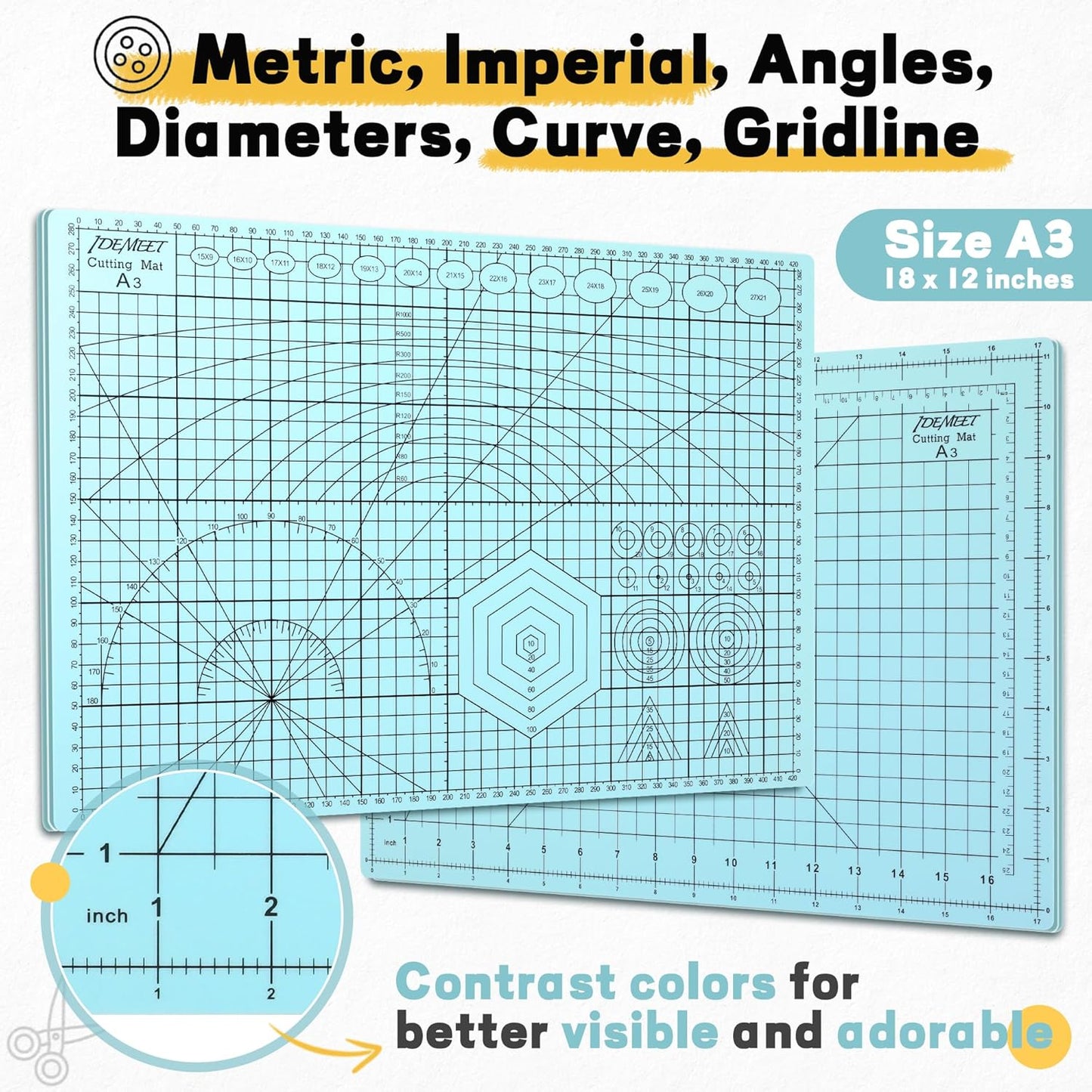 Premium Idemeet Self Healing Cutting Mat 18'' x 12'', A3 Non-slip Sewing Mat for Quilting, 5-Ply Rotary Cutting Board Double-Sided for Crafts Cutting Fabric Scrapbooking Modeling Projects, Aqua Blue