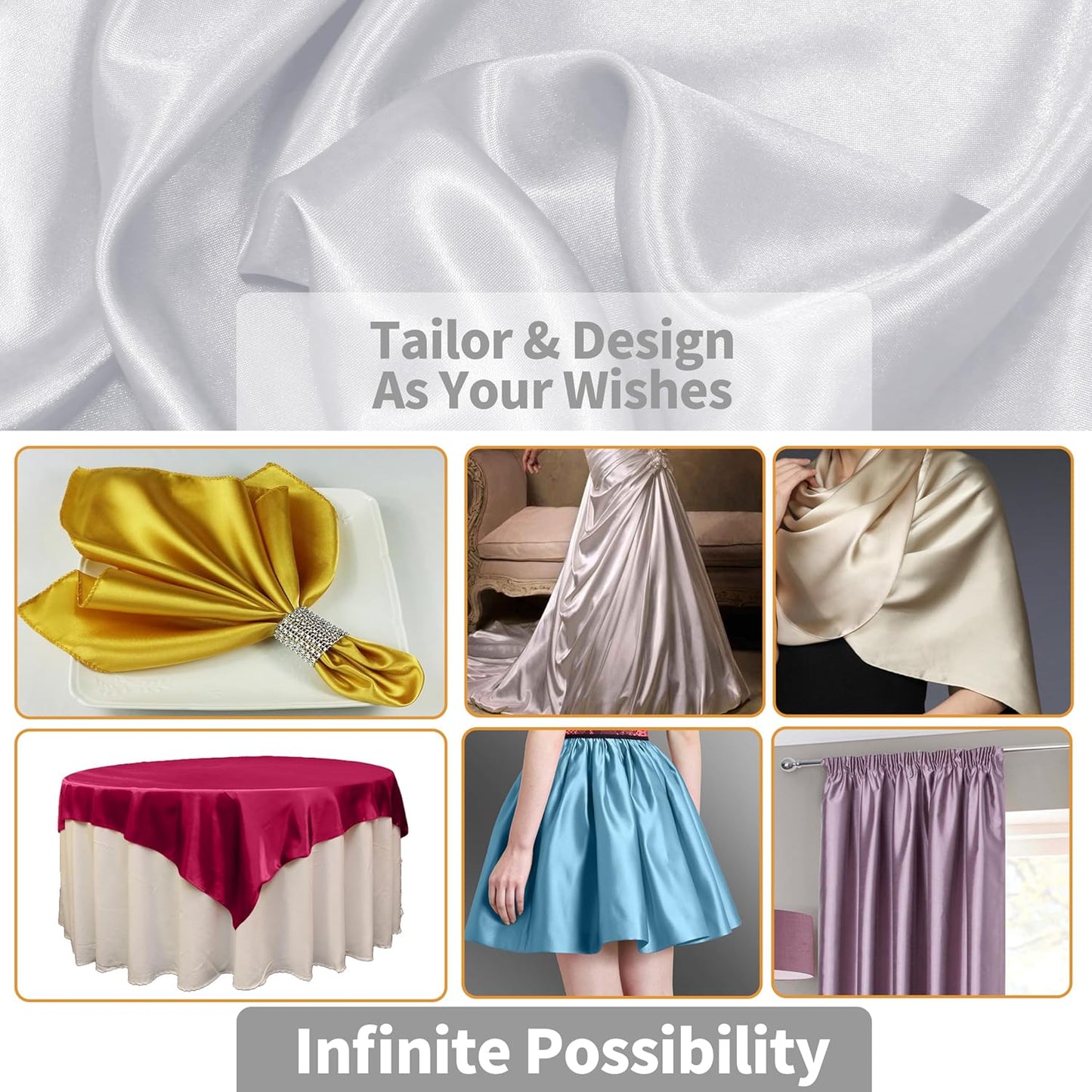 RUDONG M White Satin Fabric by The Yard, 3 Yard x 60 Inch Wide Silky Charmeuse Satin Fabric, Soft Satin Fabric for Wedding Decorations, Bridal Dress, Sewing, Accessories, DIY Crafts