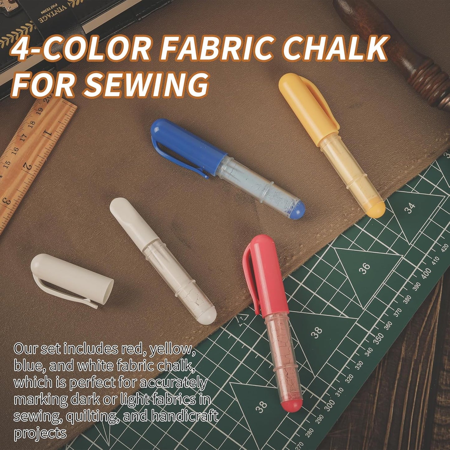 (3-pack) Fabric Chalk Markers -Erase Tailor’s Chalk for Quilting and Sewing - Compatible with Most Fabrics - With Dosing Wheel Technology, Red, Blue, White