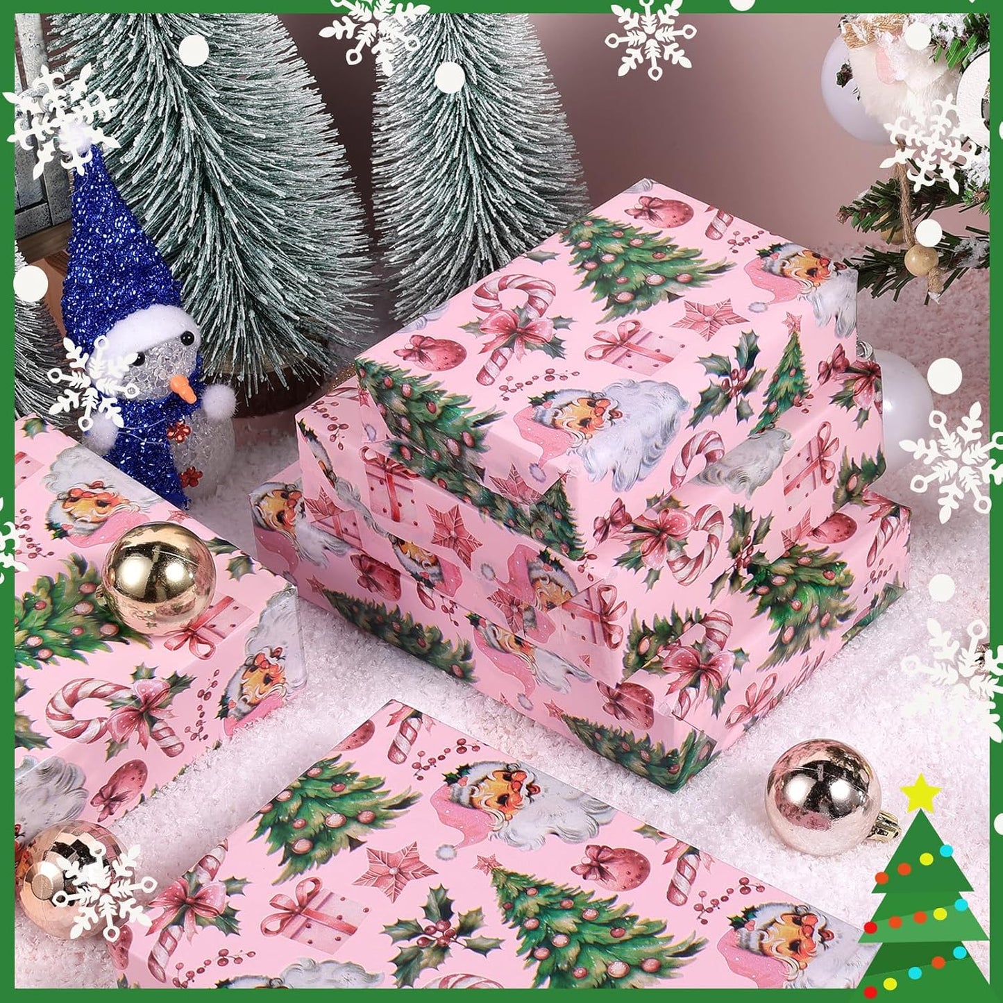 100 Sheets Pink Santa Tissue Paper, Santa Claus Xmas Tree Berries Bell Patterns Decorative Art Paper for Winter Home Party DIY Crafts Christmas Party Supplies, 13.8 x 19.7 Inch