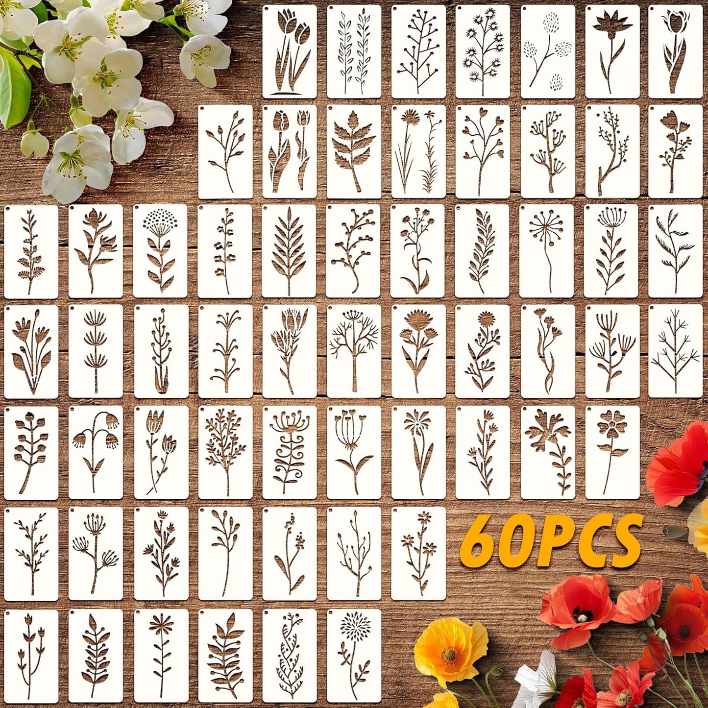 60 Pcs Flower Stencils for Painting, Reusable Small Craft Stencils for Wood, Furniture, Walls, and DIY Art Projects for Kids and Adults