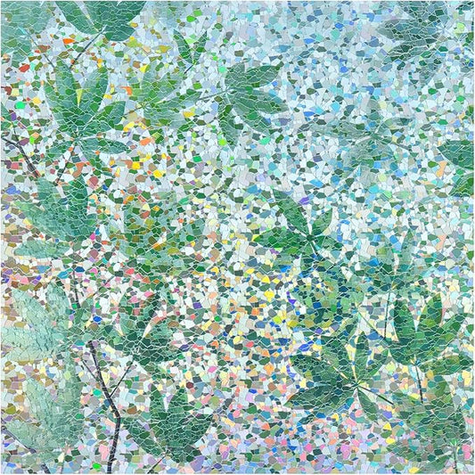 rabbitgoo Rainbow Window Privacy Film Decorative Stained Glass Diamond Pattern Window Sticker with Iridescent Tint Non-Adhesive Static Cling for Home Office Bathroom, Green Leaf 35.4 x 78.7 inch