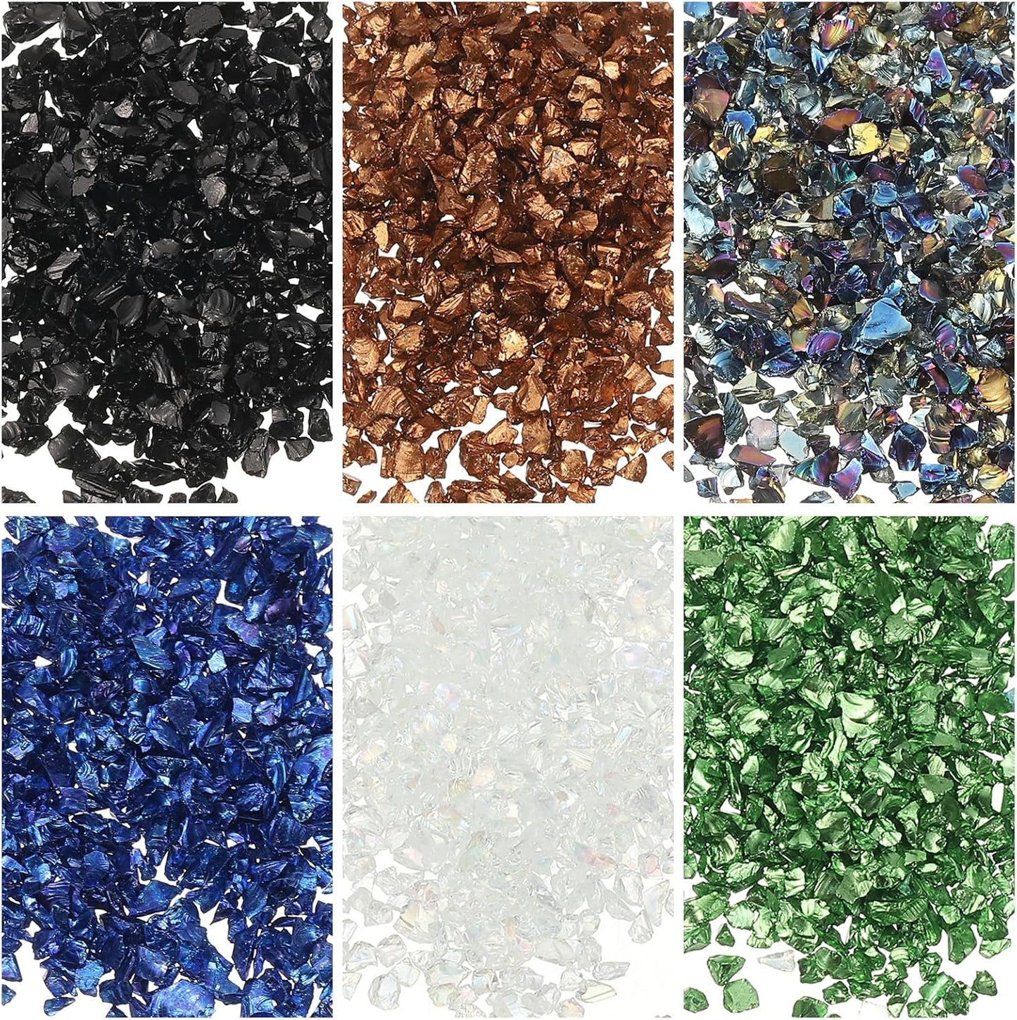 uxcell 6 Colors Crushed Glass Chips, 1-3mm Irregular Glitter Metallic Glass Broken Glasses Pieces with Laser Bag for Craft DIY Vase Epoxy Halloween Decoration 31g, Multicolored
