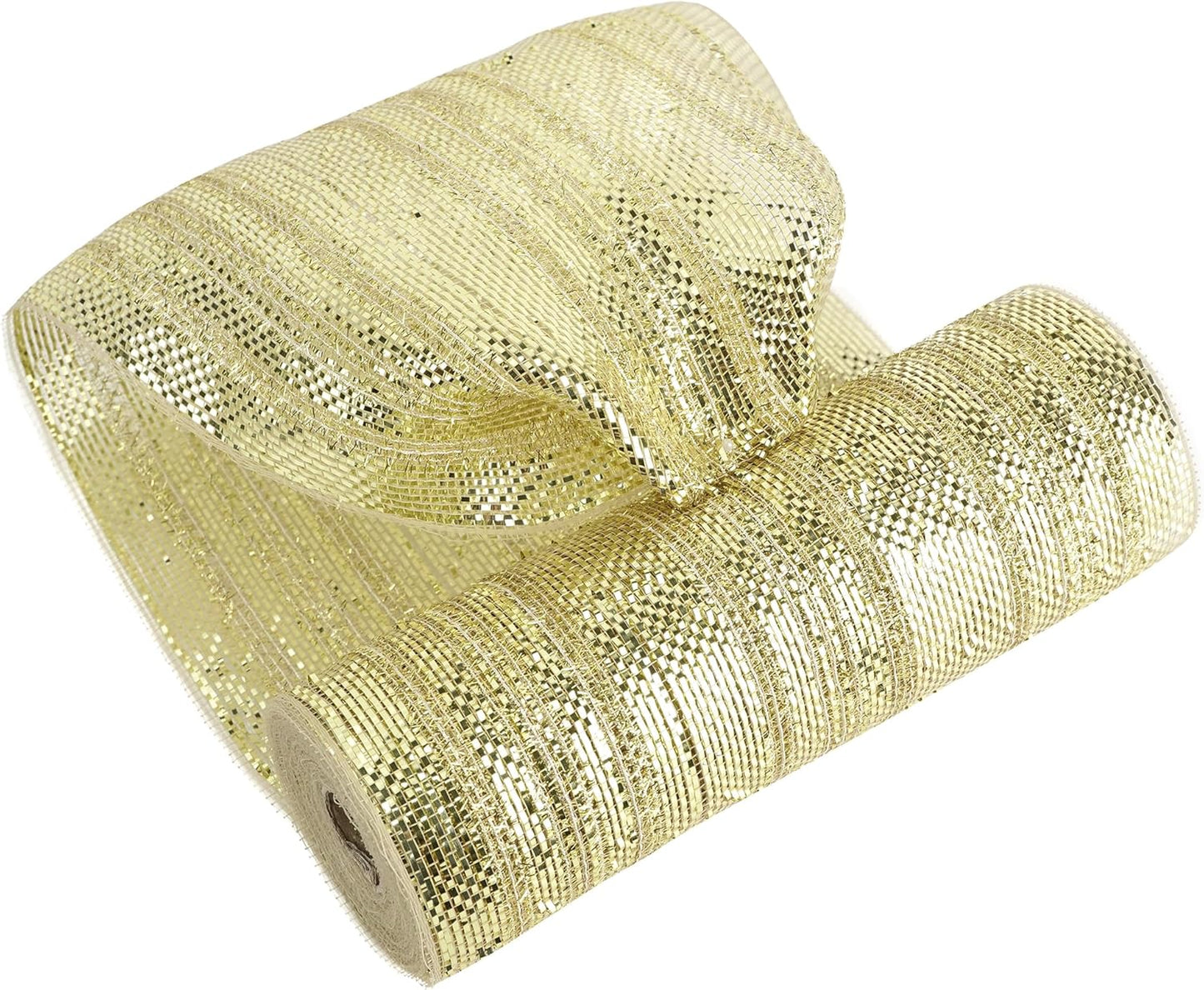 MEEDEE Champagne Deco Mesh 10 Inch Deluxe Wide Foil Metallic Mesh with Gold Tinsel Champagne Gold Mesh Ribbon for Christmas Tree, Wreaths, Garland, Gift Wrapping, Bows Making (30 Feet)